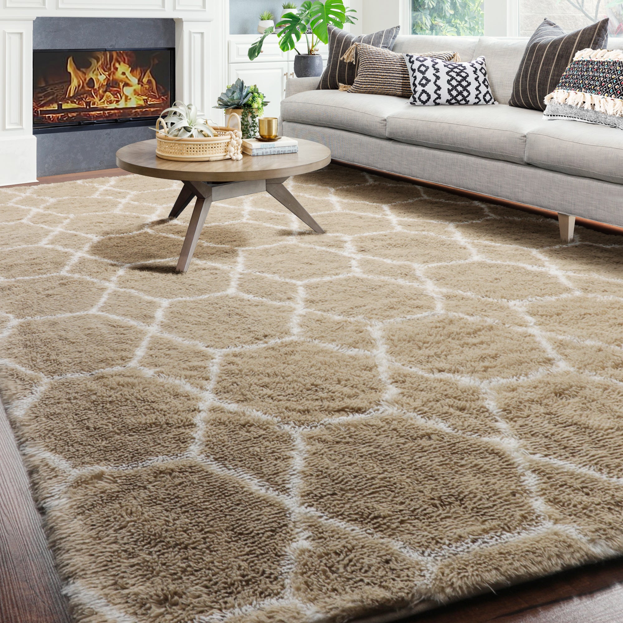 Beige and White Rug, Large Boho Geometric Area Rugs for Living Room, Shaggy Moroccan Floor Rug