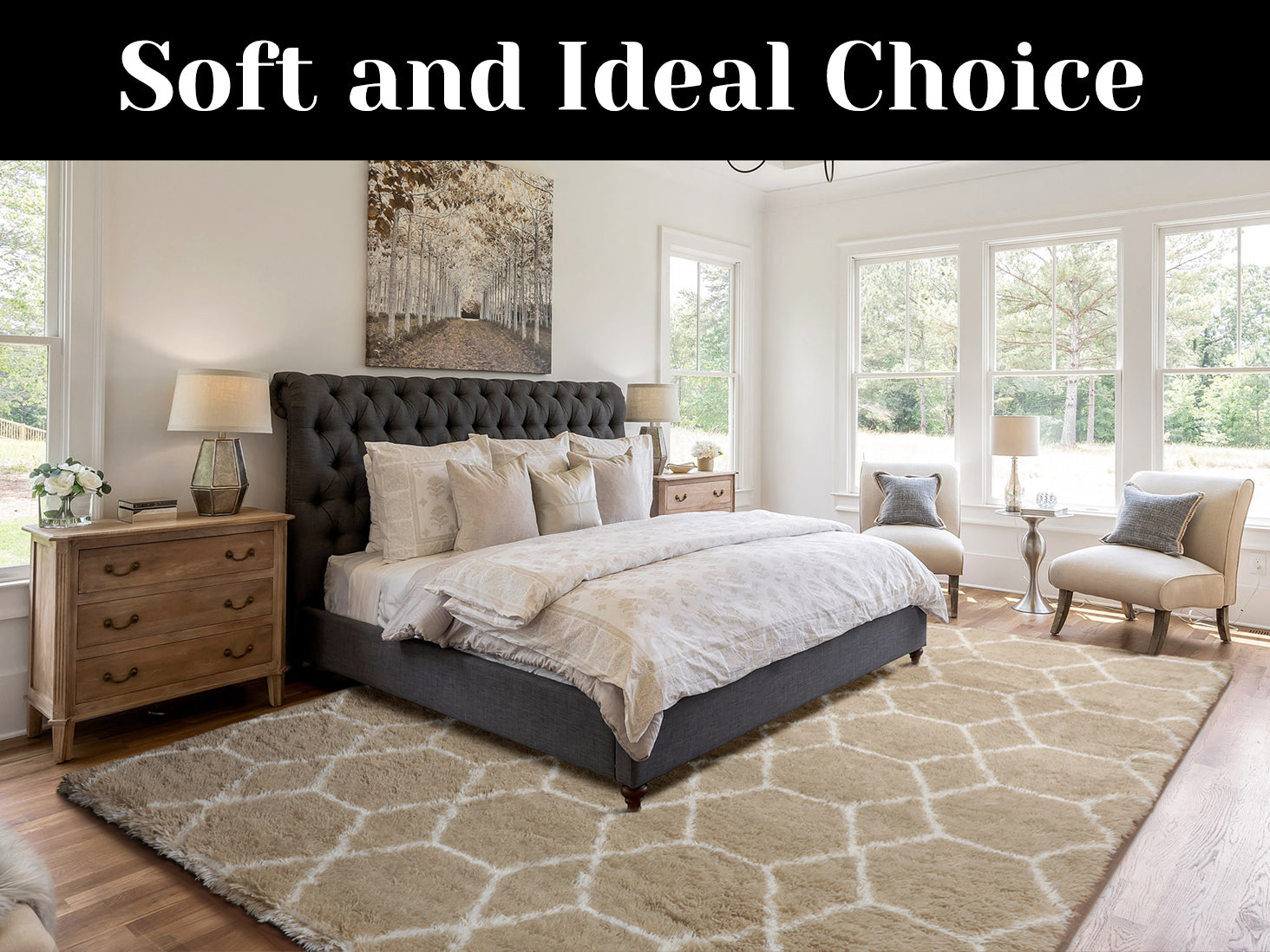 Beige and White Rug, Large Boho Geometric Area Rugs for Living Room, Shaggy Moroccan Floor Rug