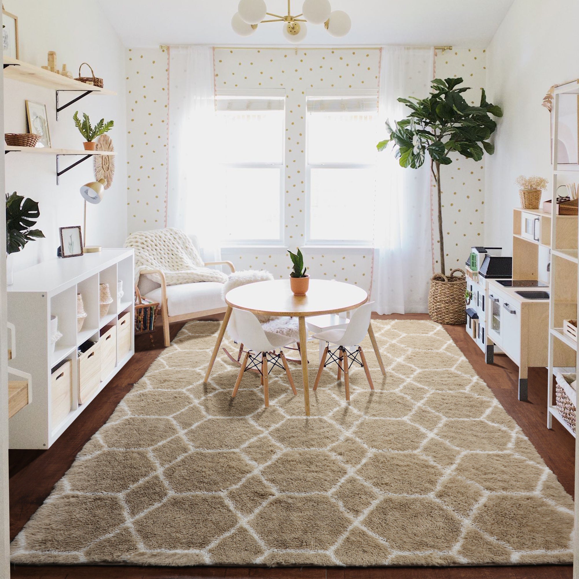 Beige and White Rug, Large Boho Geometric Area Rugs for Living Room, Shaggy Moroccan Floor Rug