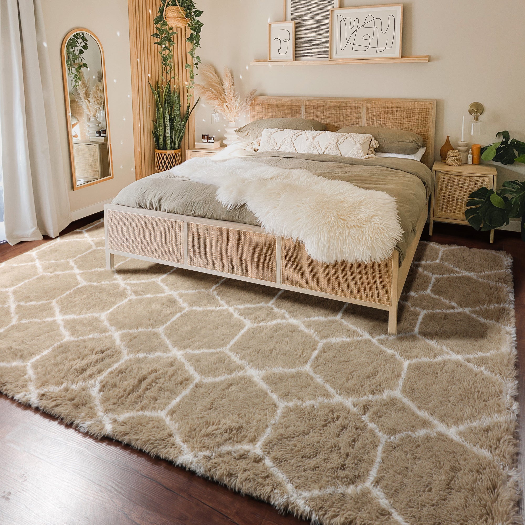 Beige and White Rug, Large Boho Geometric Area Rugs for Living Room, Shaggy Moroccan Floor Rug
