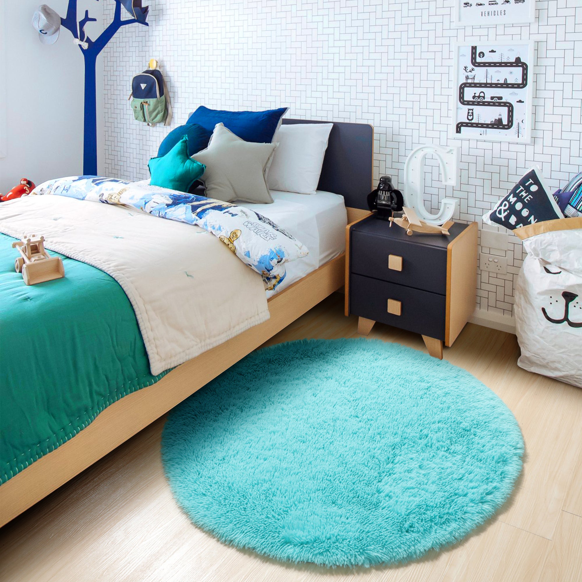 for Nursery Room Soft Blue Round Area Rug