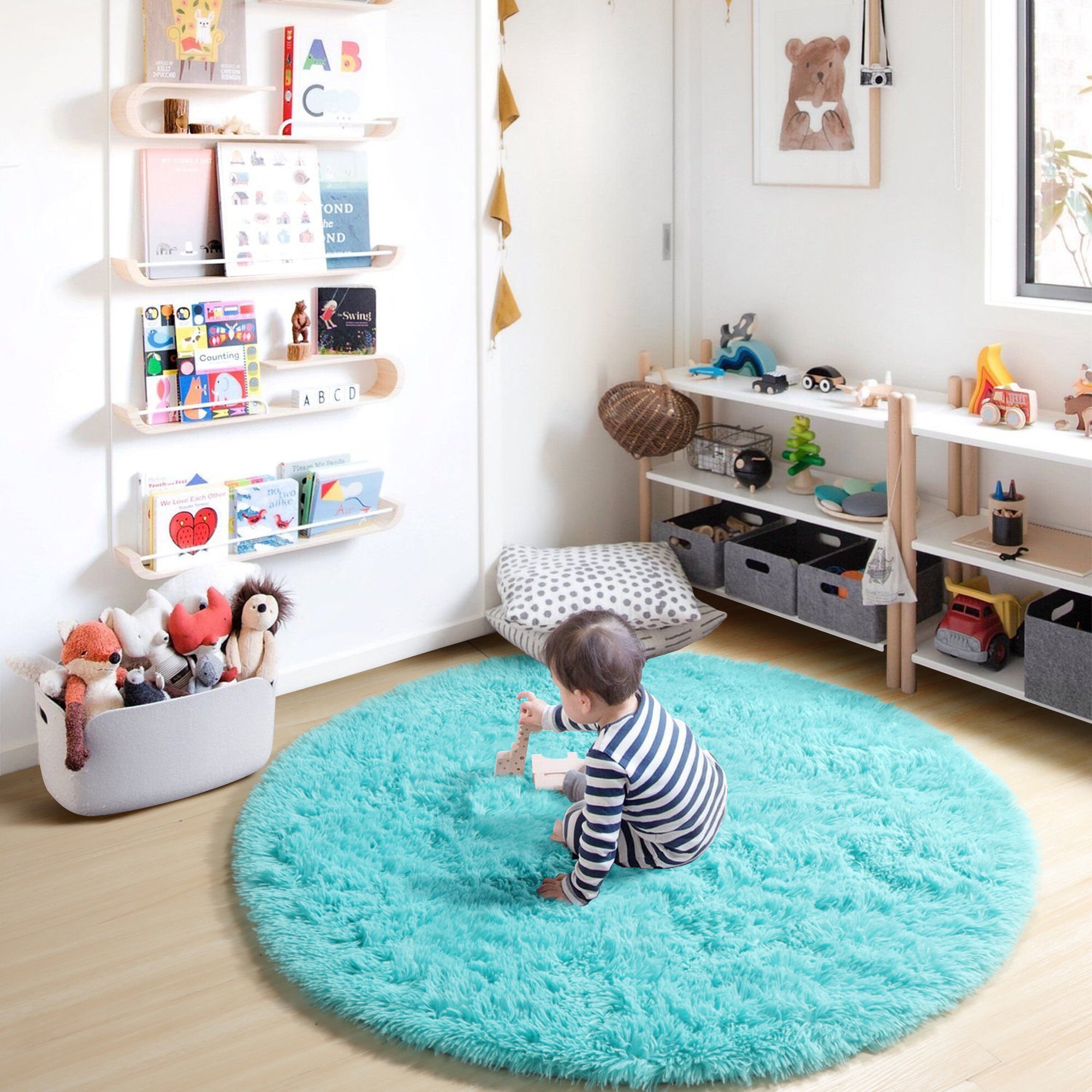 for Nursery Room Soft Blue Round Area Rug