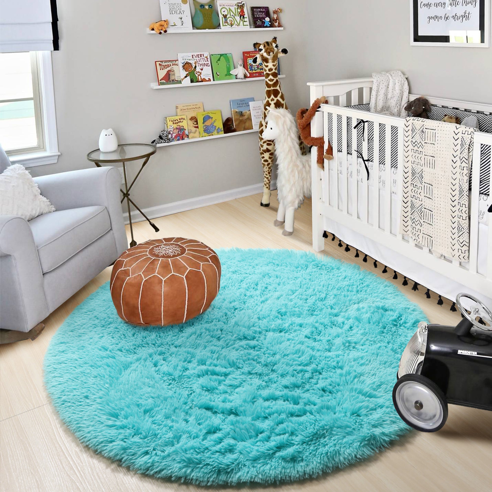 for Nursery Room Soft Blue Round Area Rug