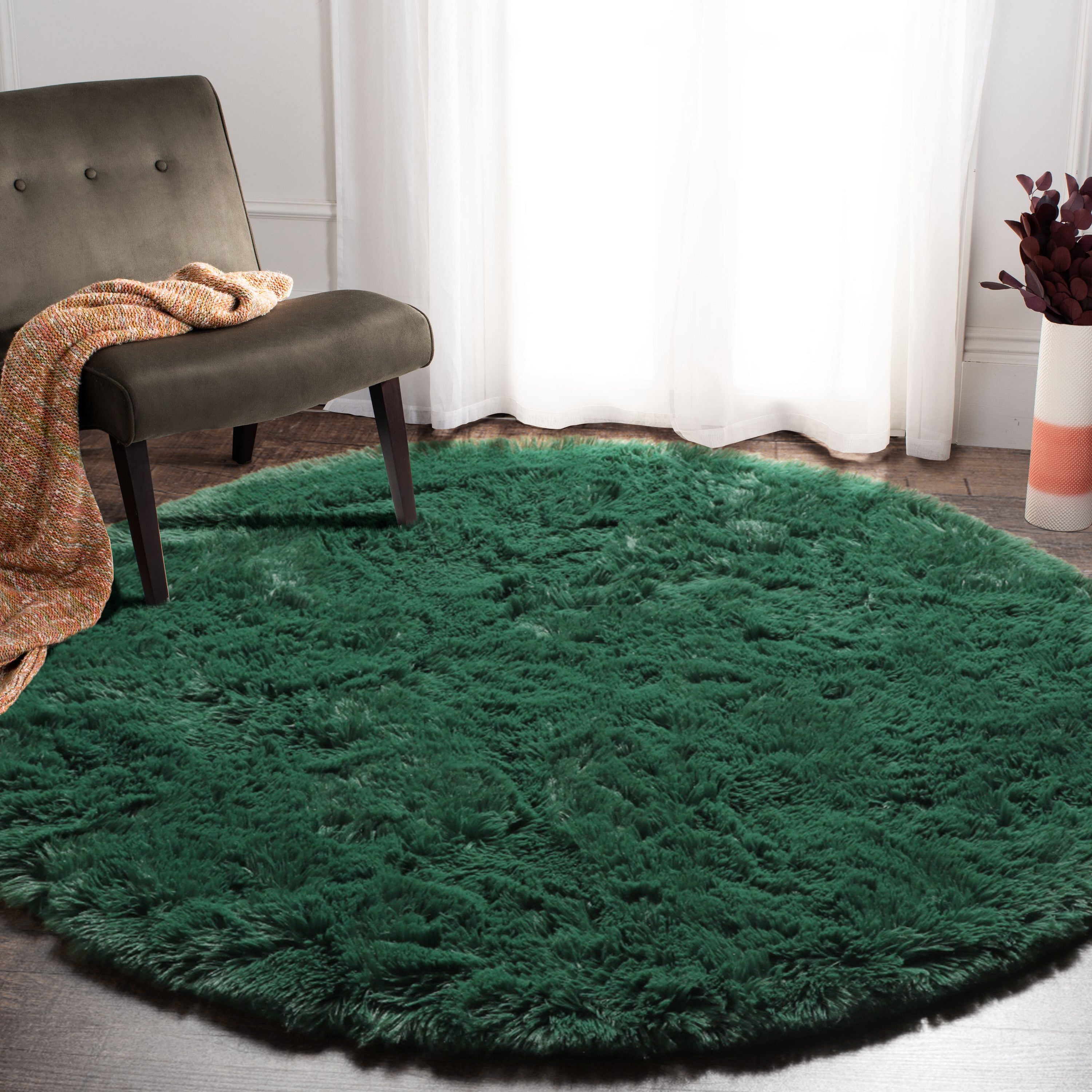 Fluffy Plush Shaggy Deep Green Round Area Rug