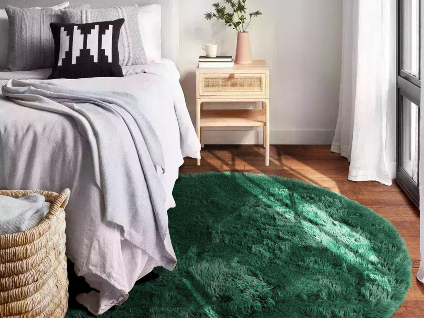 Fluffy Plush Shaggy Deep Green Round Area Rug