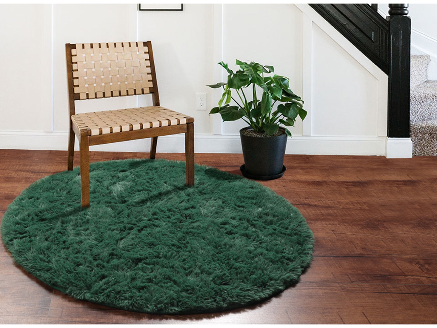 Fluffy Plush Shaggy Deep Green Round Area Rug