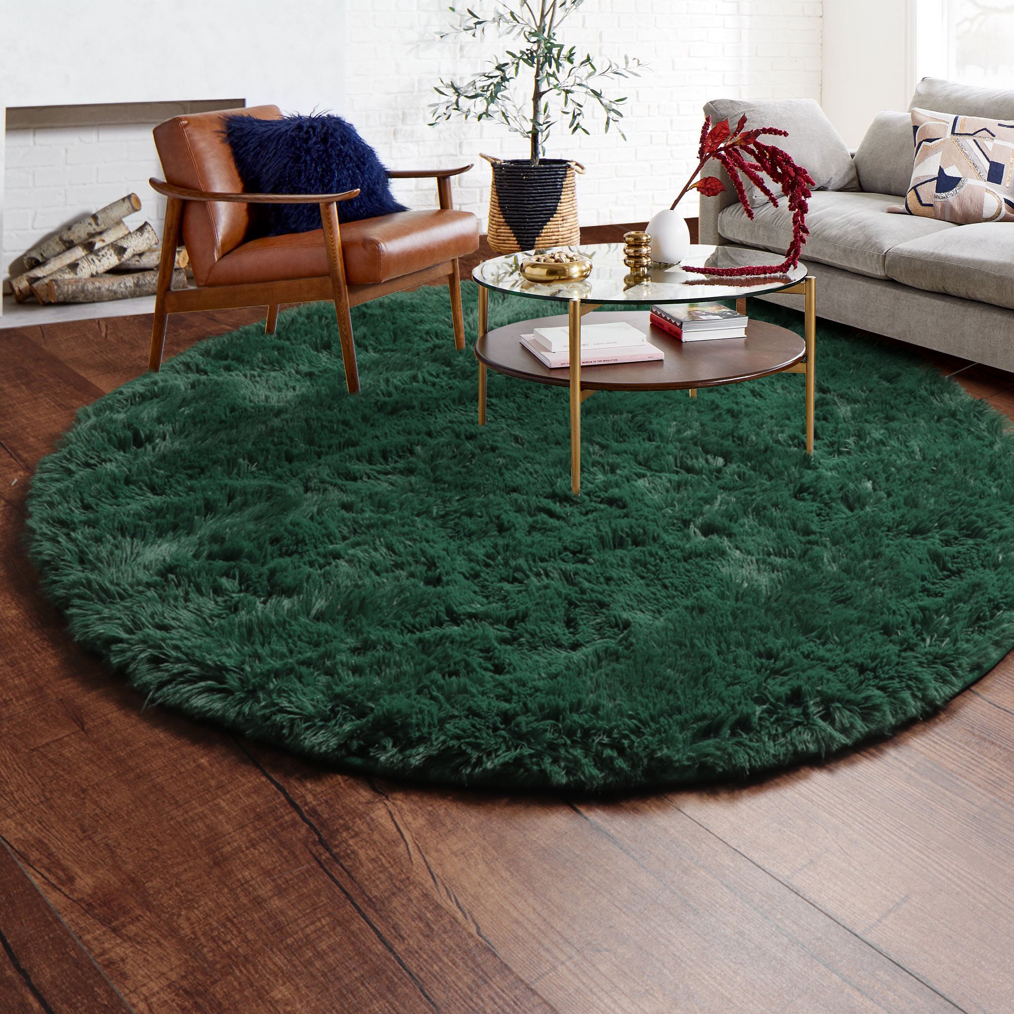 Fluffy Plush Shaggy Deep Green Round Area Rug