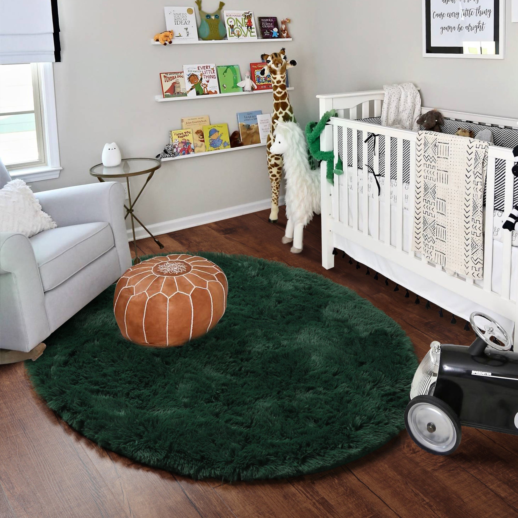 Fluffy Plush Shaggy Deep Green Round Area Rug