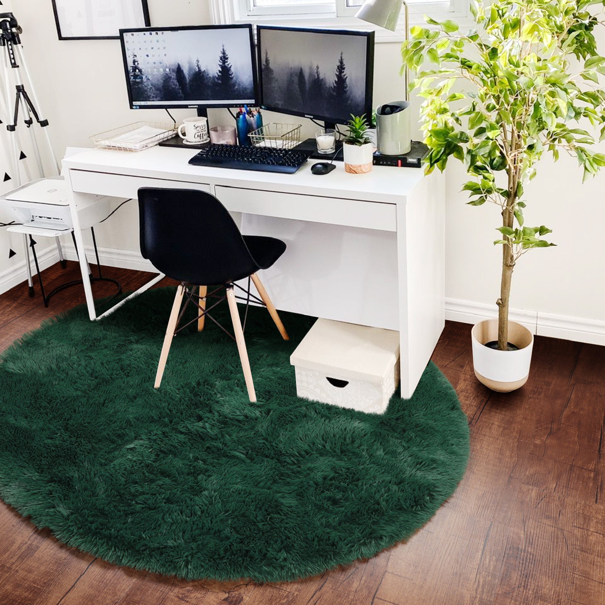 Fluffy Plush Shaggy Deep Green Round Area Rug