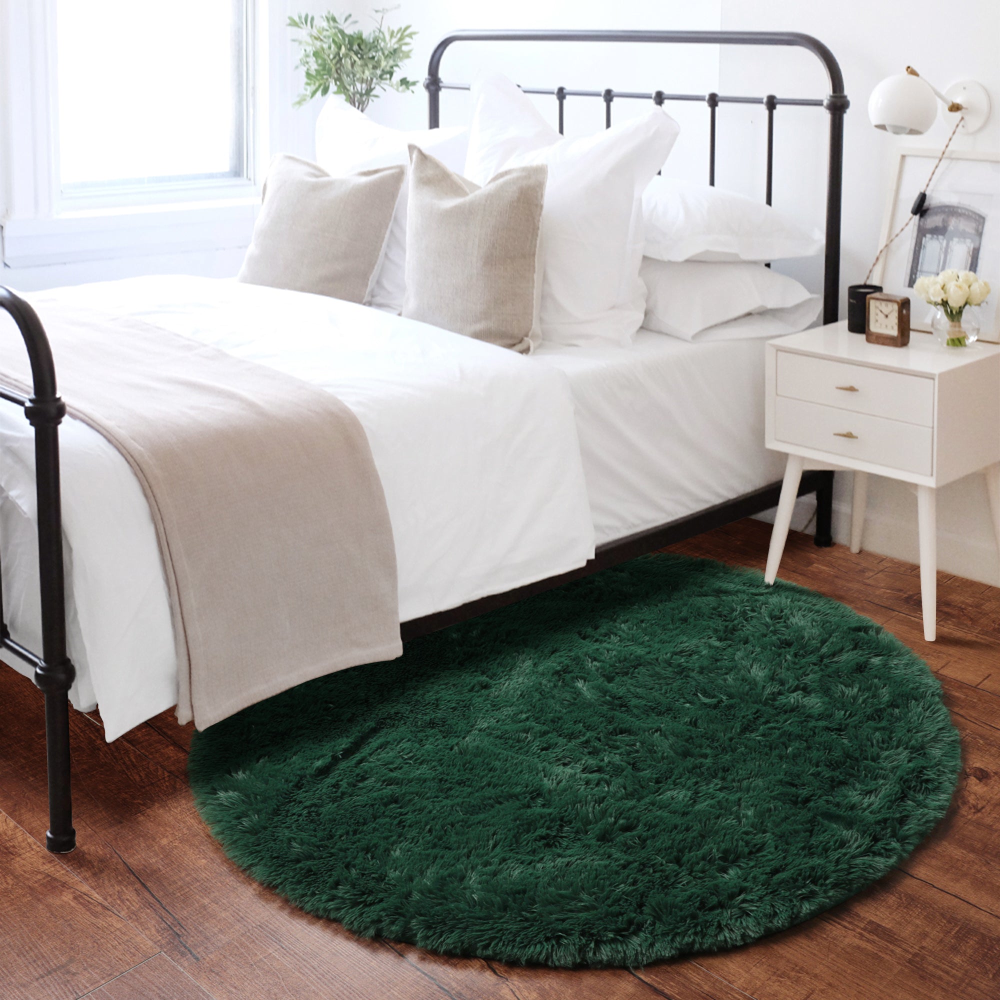 Fluffy Plush Shaggy Deep Green Round Area Rug