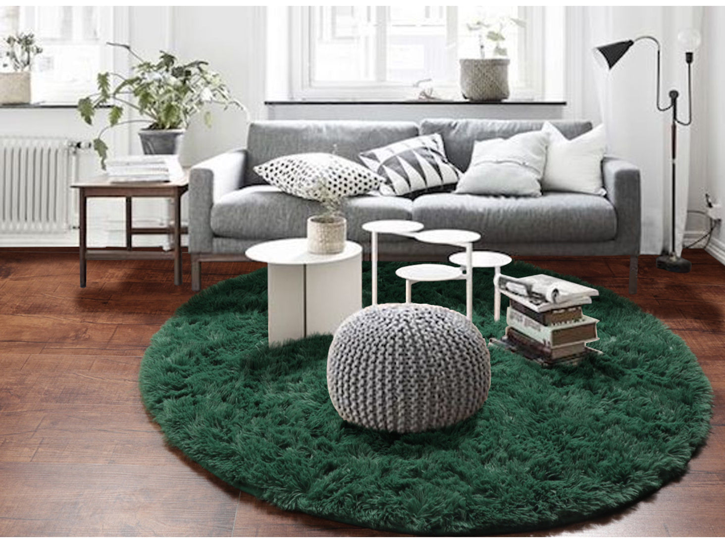 Fluffy Plush Shaggy Deep Green Round Area Rug