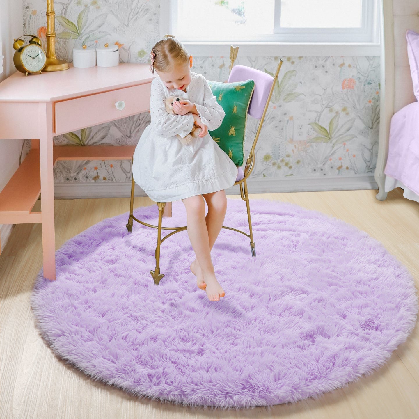 Plush Fiber Kids Room Purple Round Area Rug
