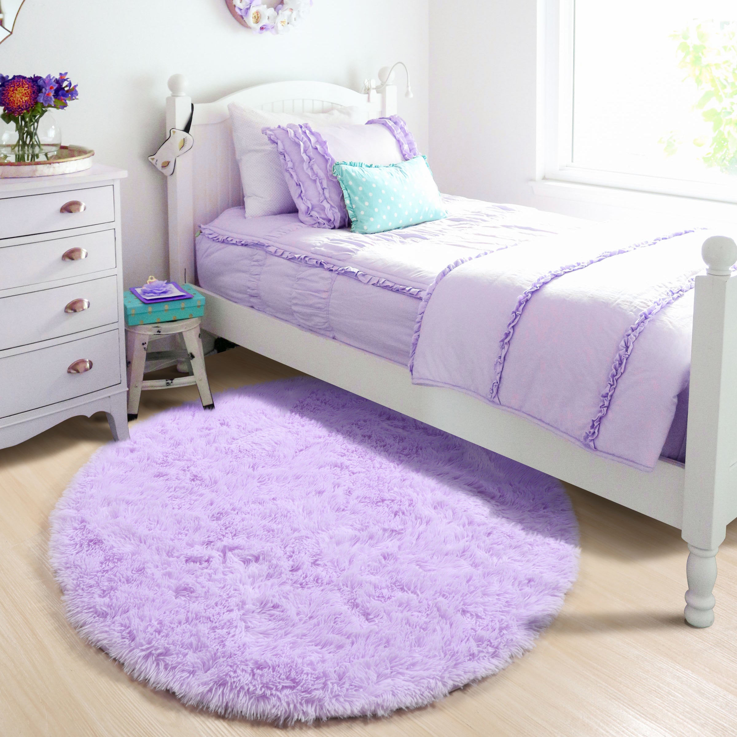 Plush Fiber Kids Room Purple Round Area Rug