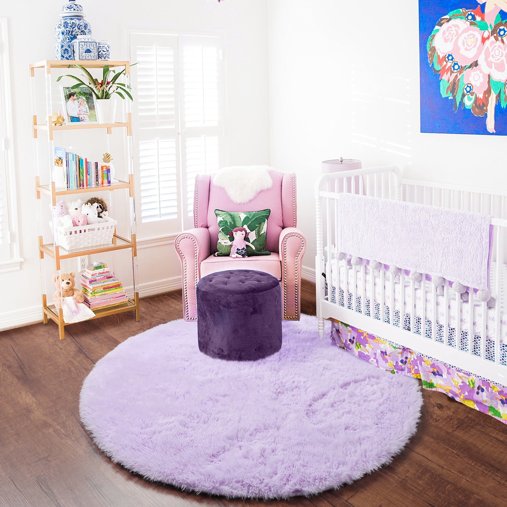 Plush Fiber Kids Room Purple Round Area Rug