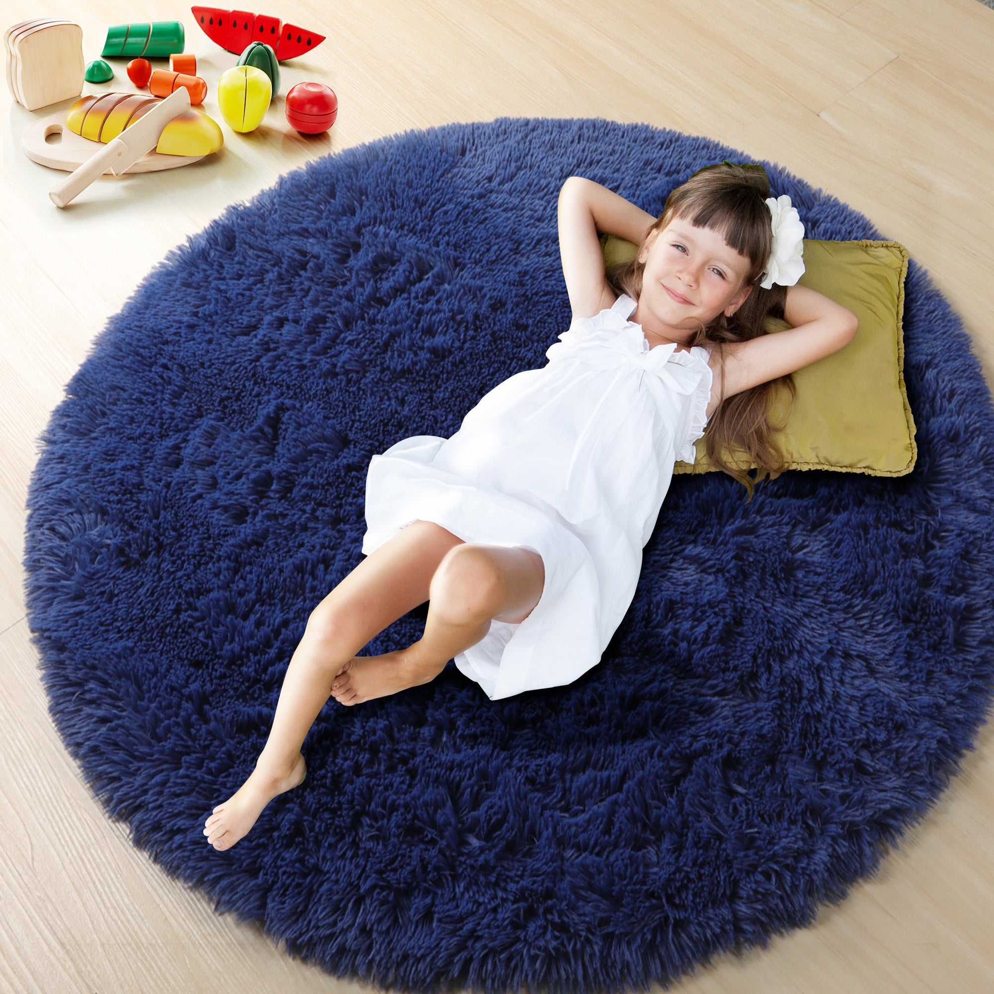Fluffy Nursery Room Navy Blue Round Area Rug