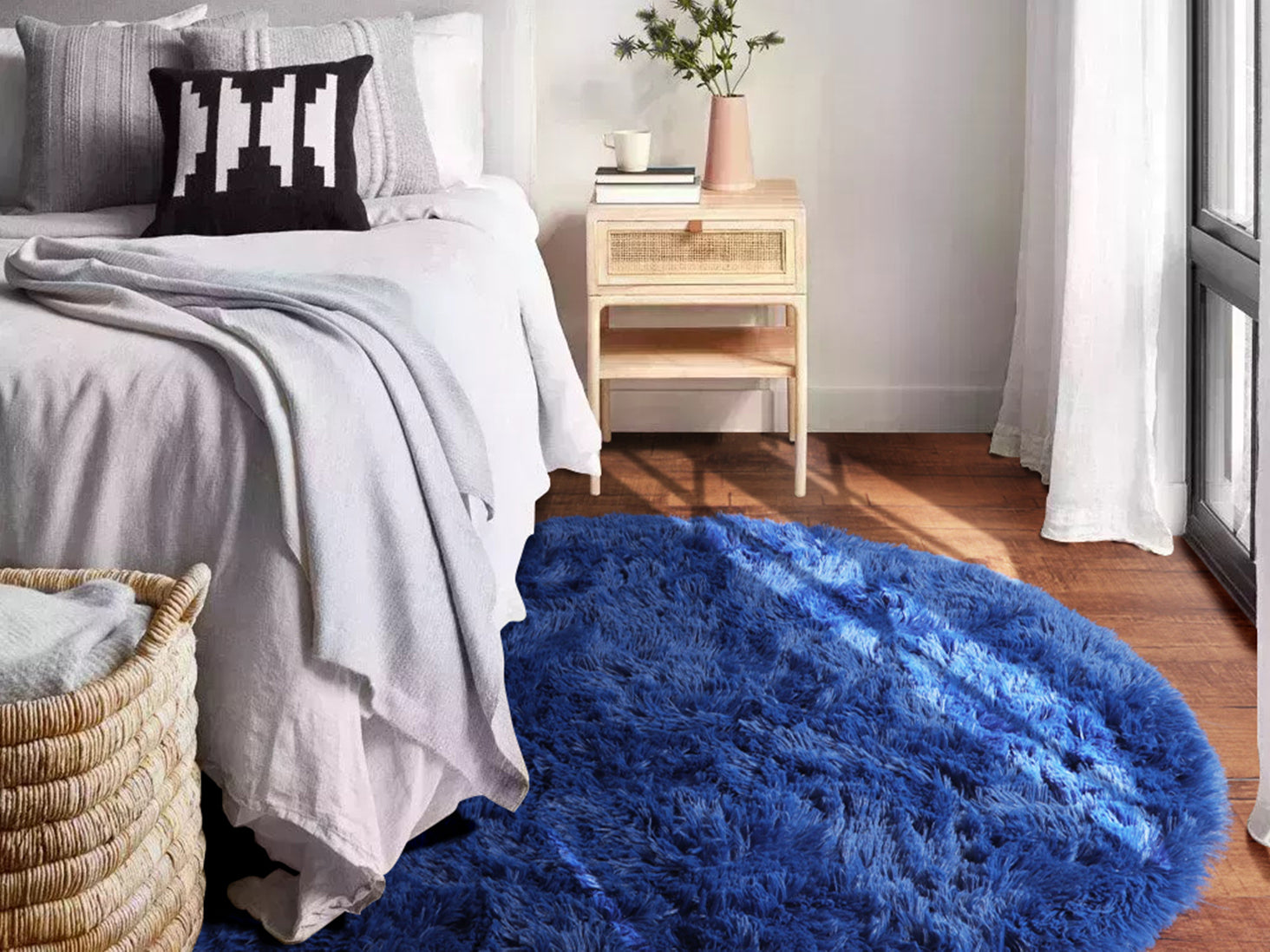 Fluffy Nursery Room Navy Blue Round Area Rug
