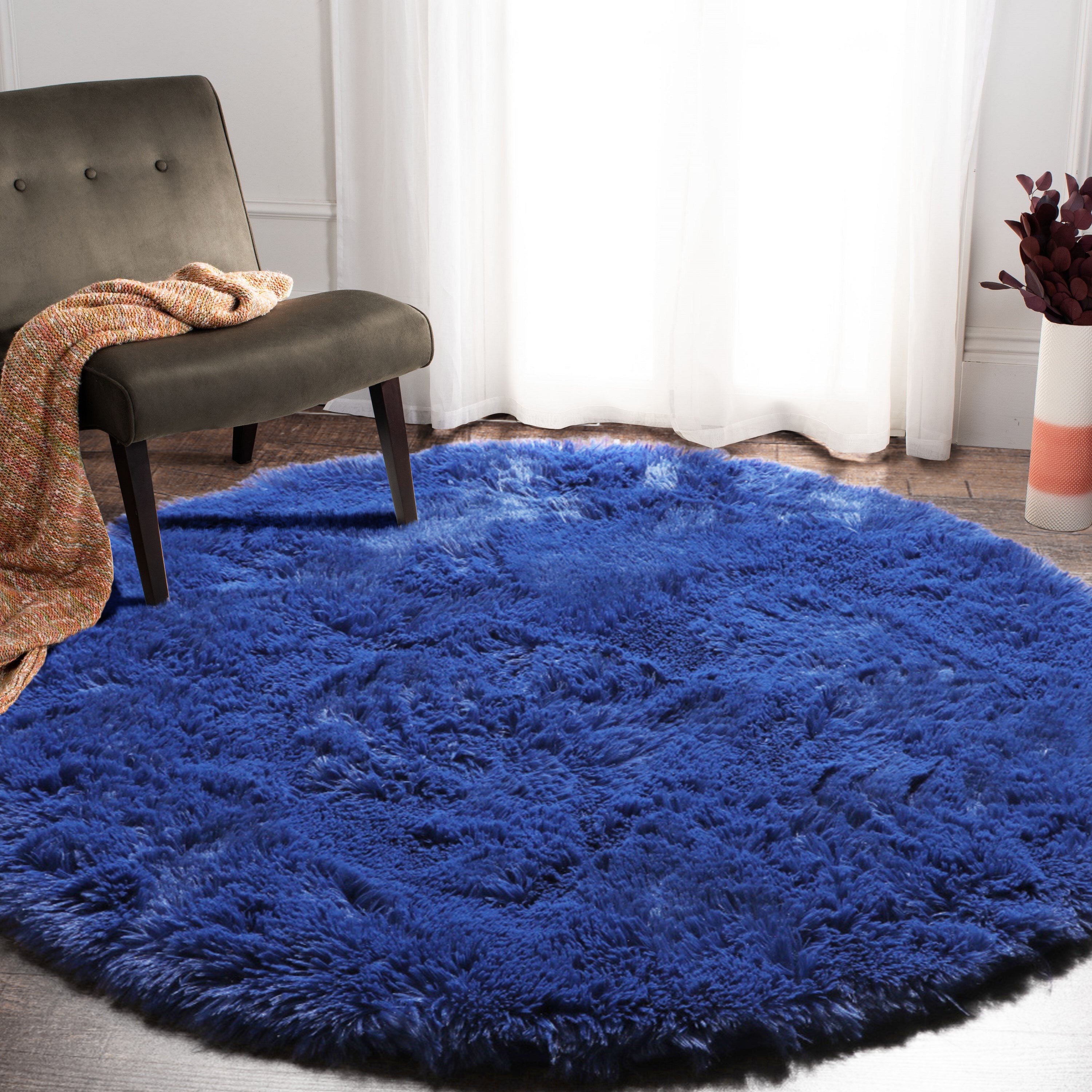 Fluffy Nursery Room Navy Blue Round Area Rug