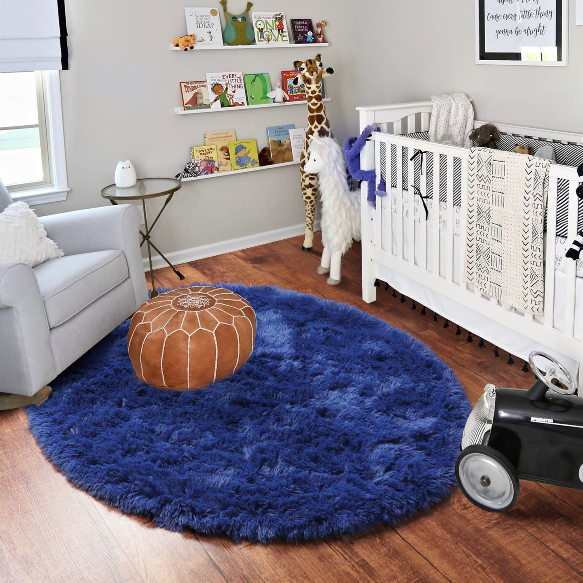 Fluffy Nursery Room Navy Blue Round Area Rug