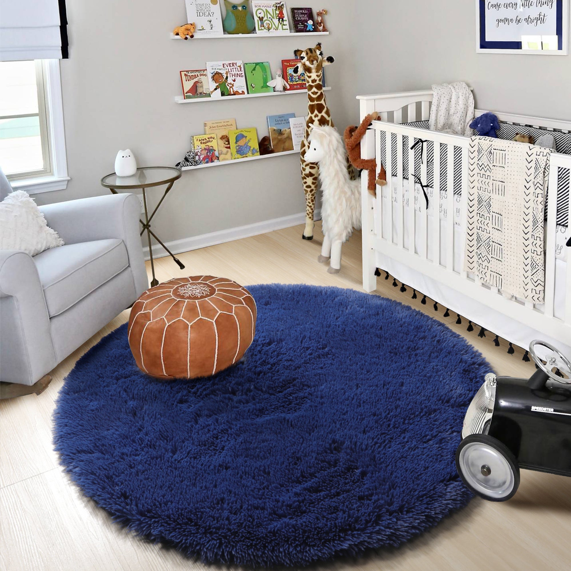 Fluffy Nursery Room Navy Blue Round Area Rug