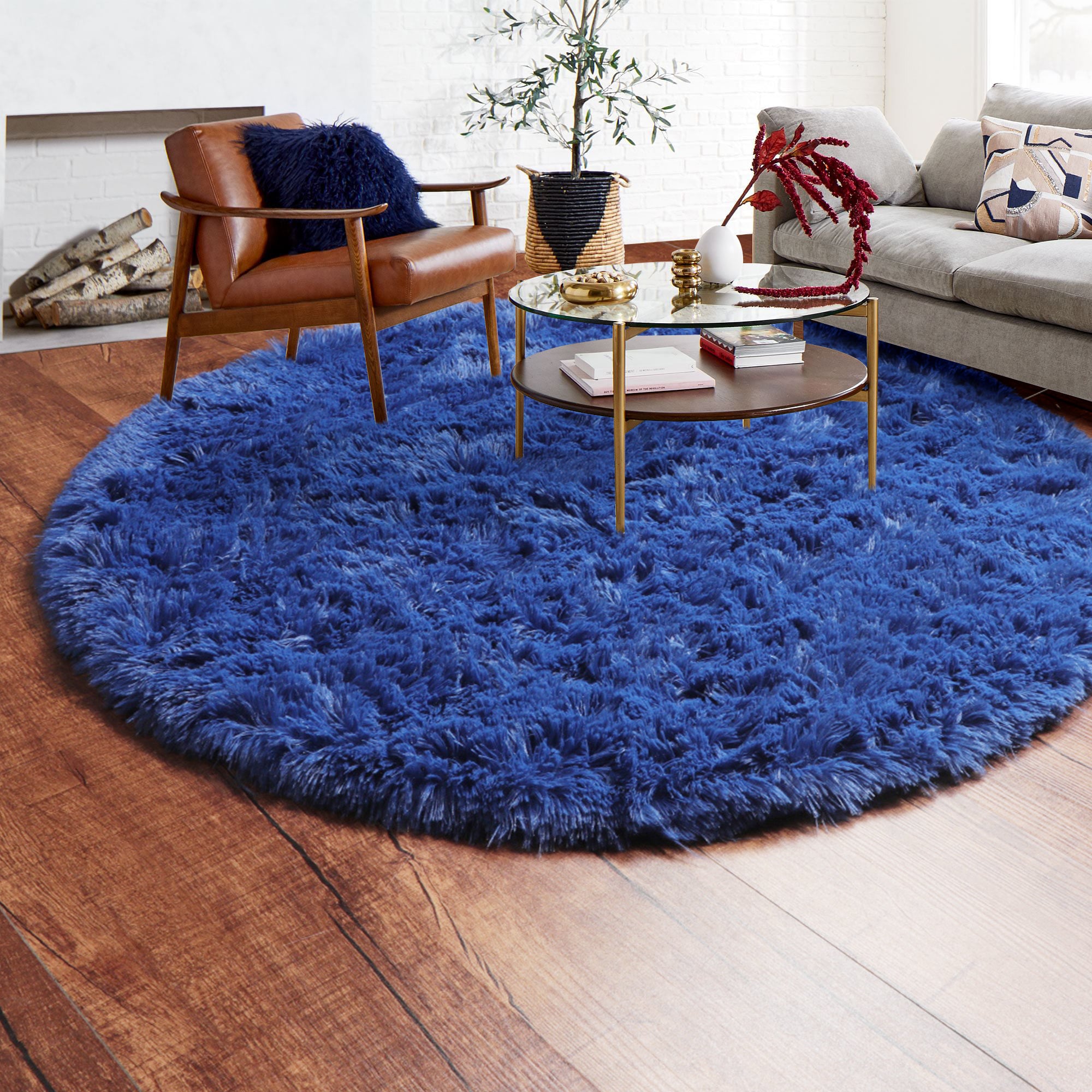 Fluffy Nursery Room Navy Blue Round Area Rug