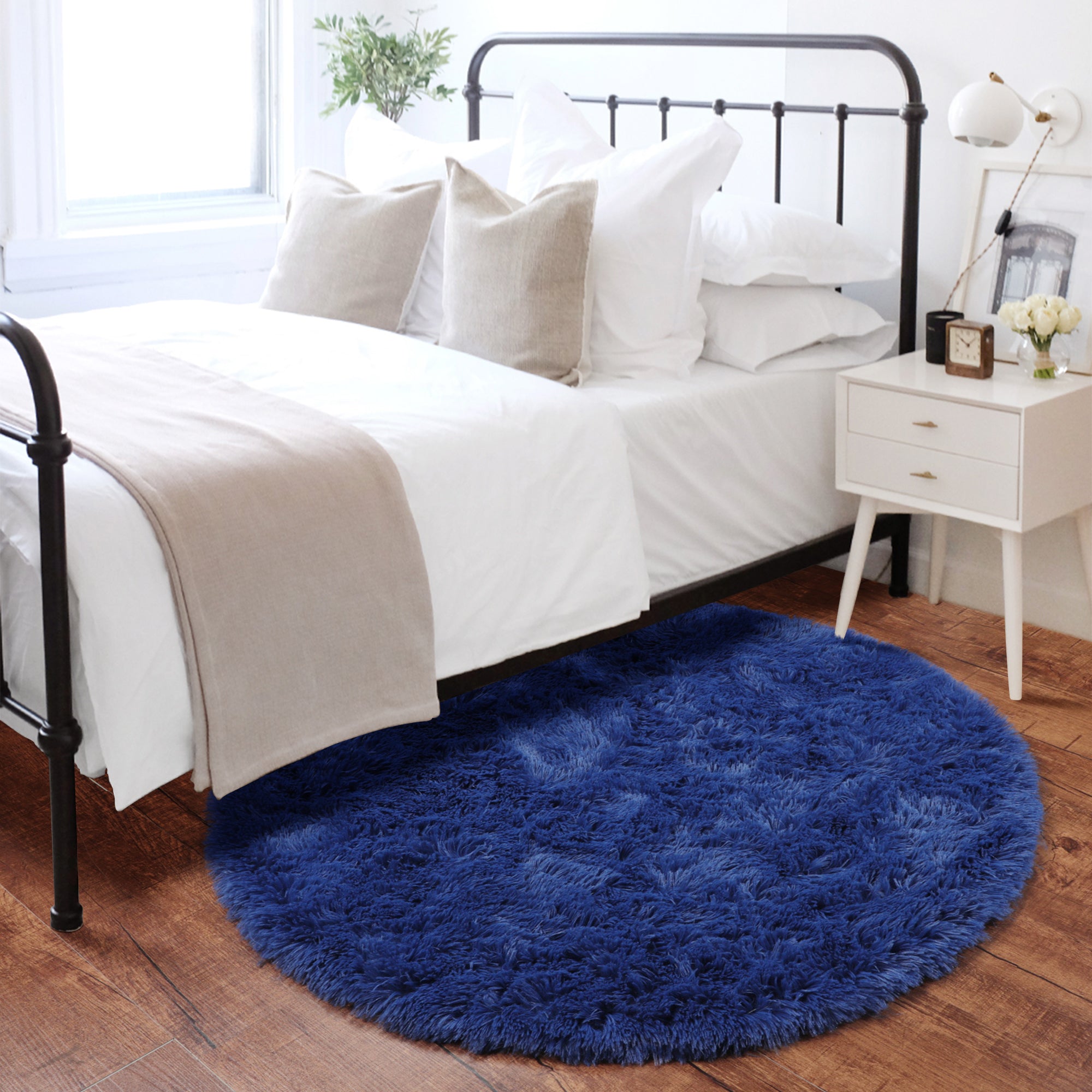 Fluffy Nursery Room Navy Blue Round Area Rug