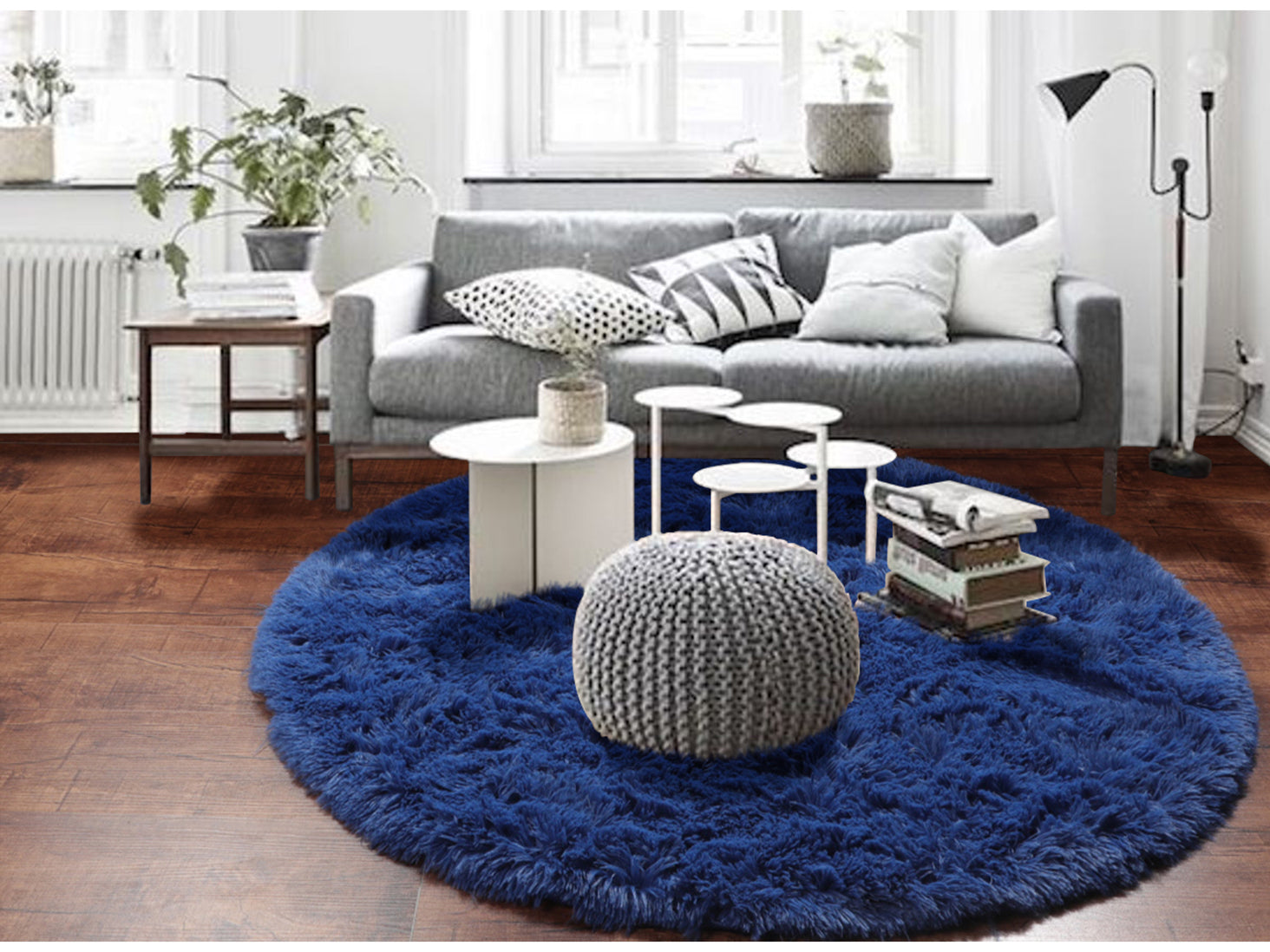 Fluffy Nursery Room Navy Blue Round Area Rug