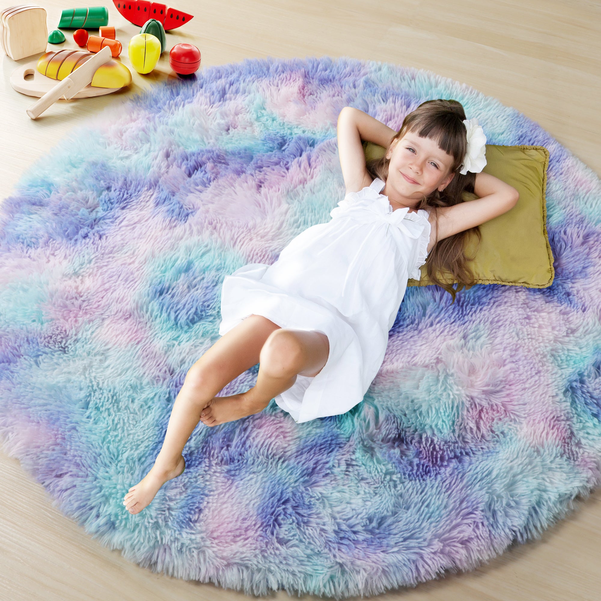 Girls Bedroom Plush Rainbow Moder Round Area Rug