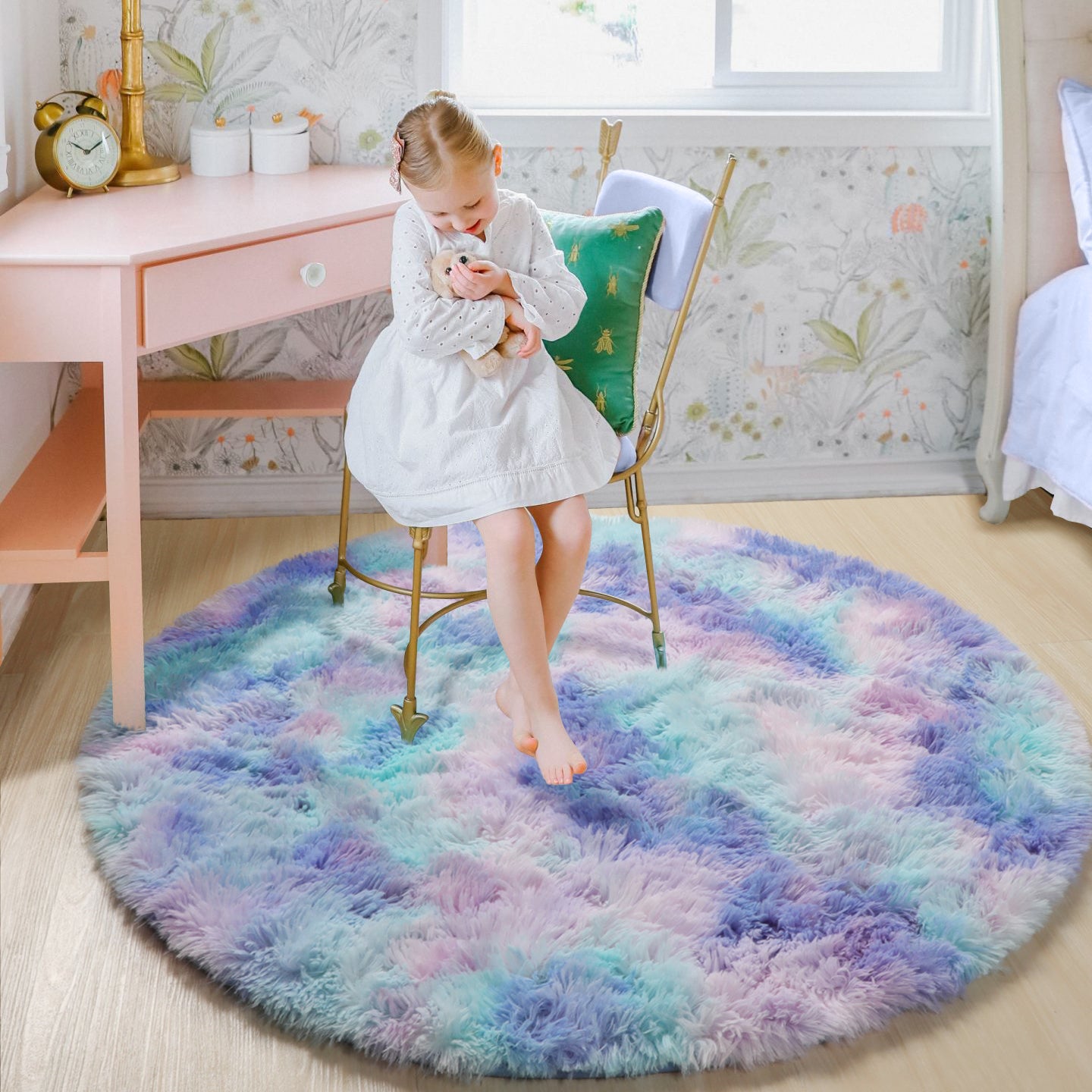 Girls Bedroom Plush Rainbow Moder Round Area Rug