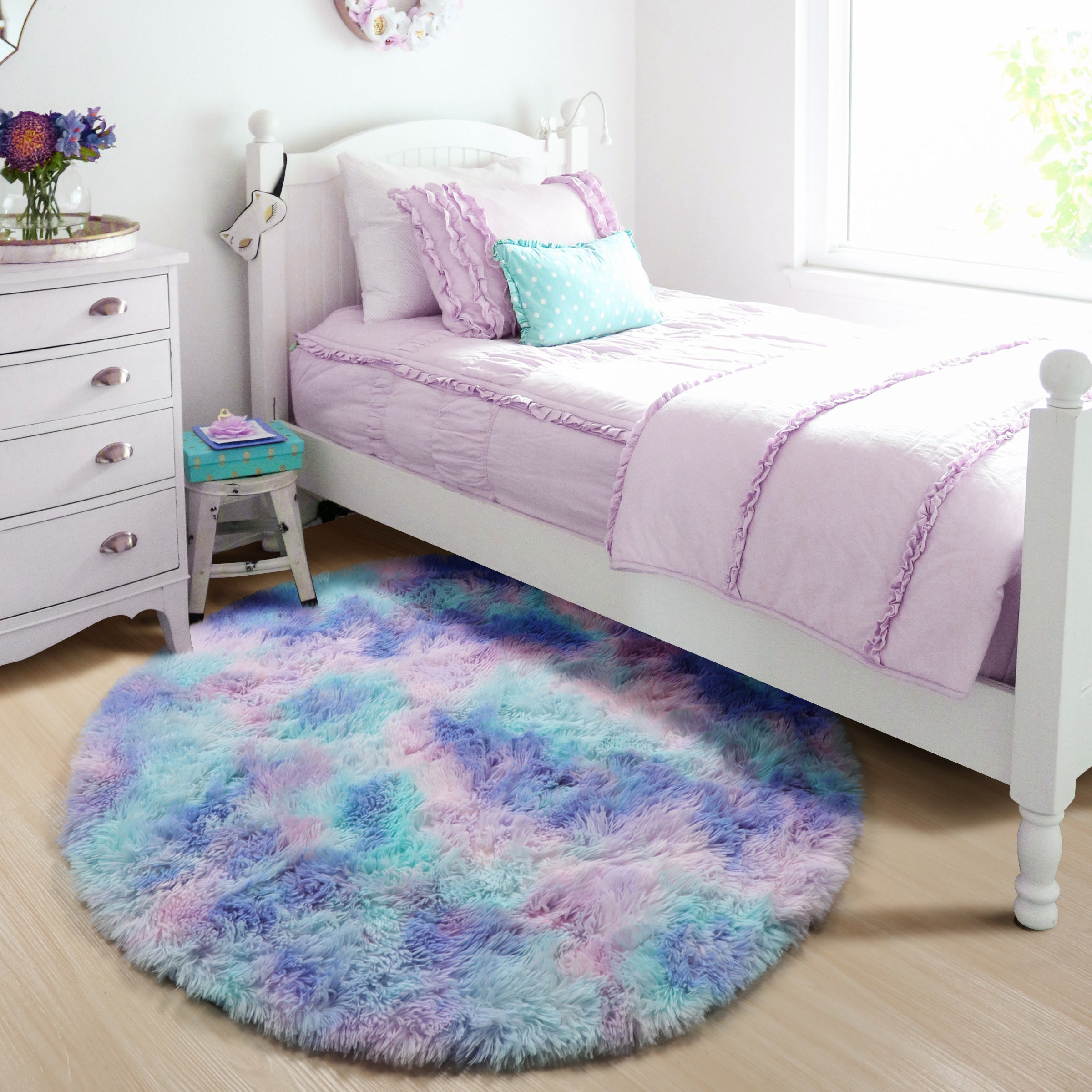 Girls Bedroom Plush Rainbow Moder Round Area Rug