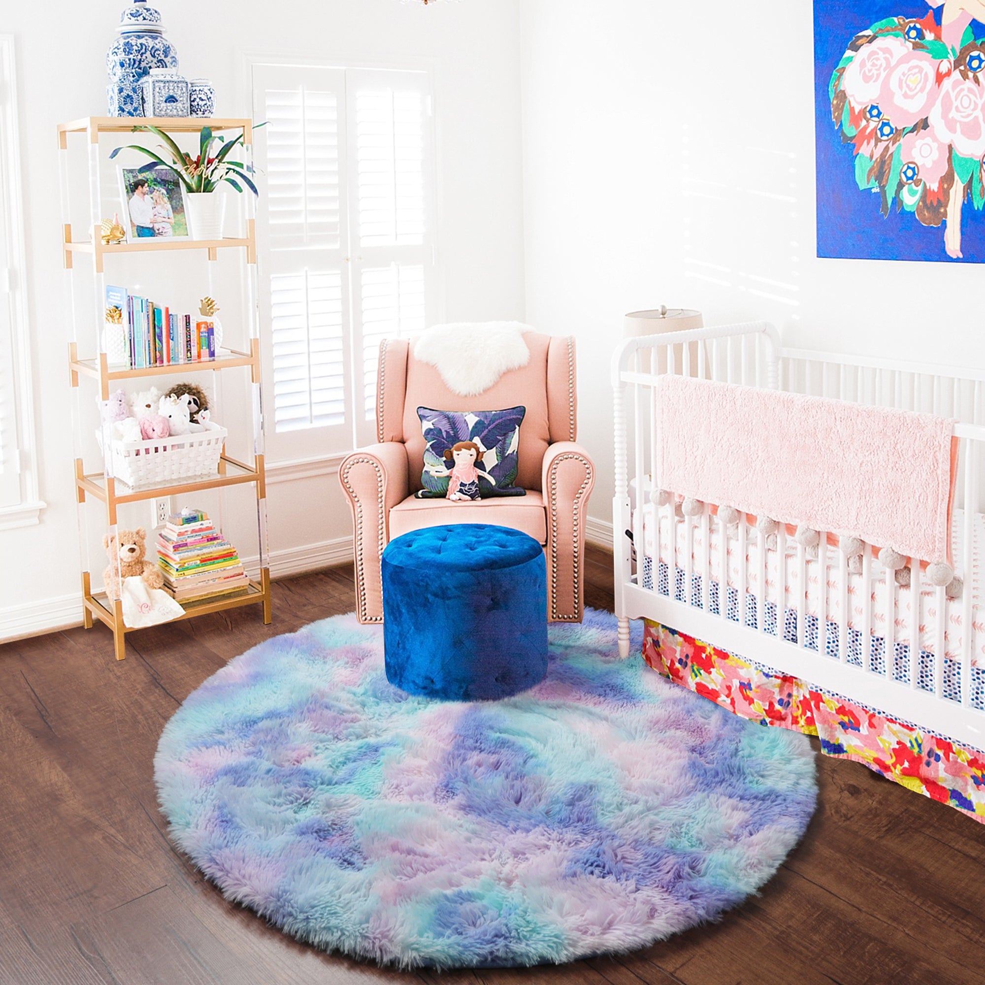 Girls Bedroom Plush Rainbow Moder Round Area Rug
