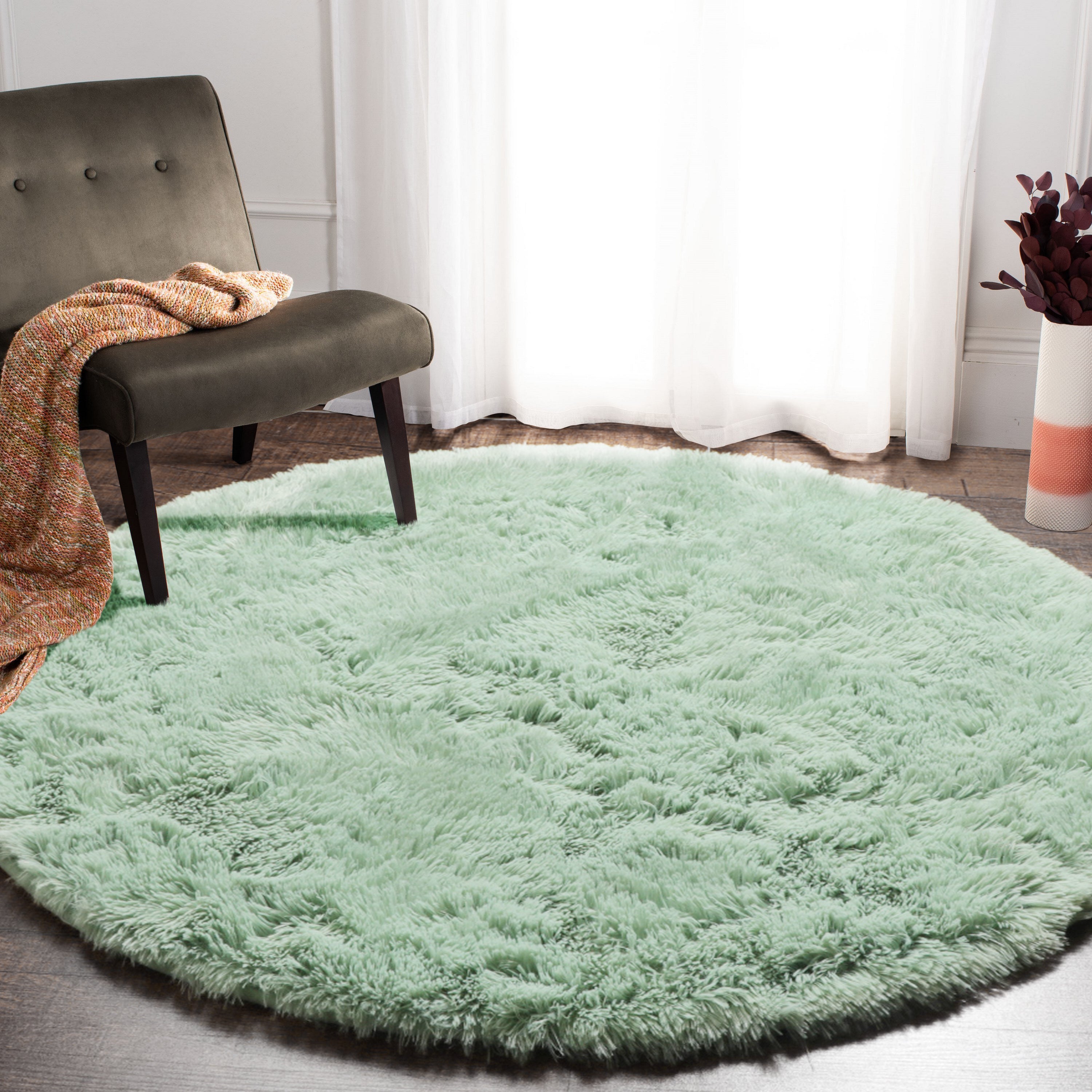 Shaggy Modern Sage Green Round Area Rug