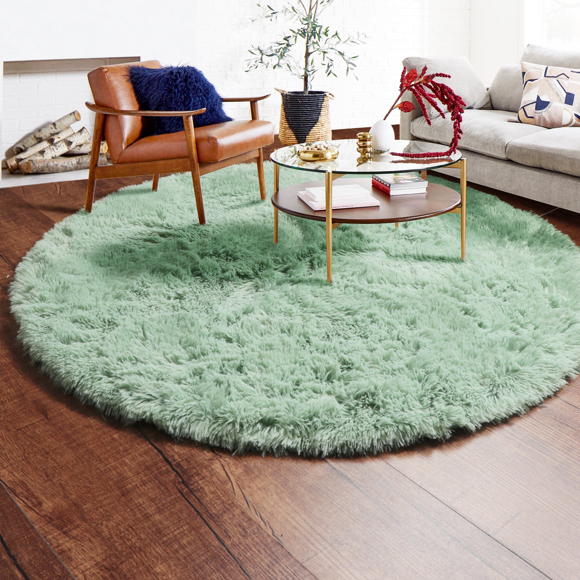 Shaggy Modern Sage Green Round Area Rug