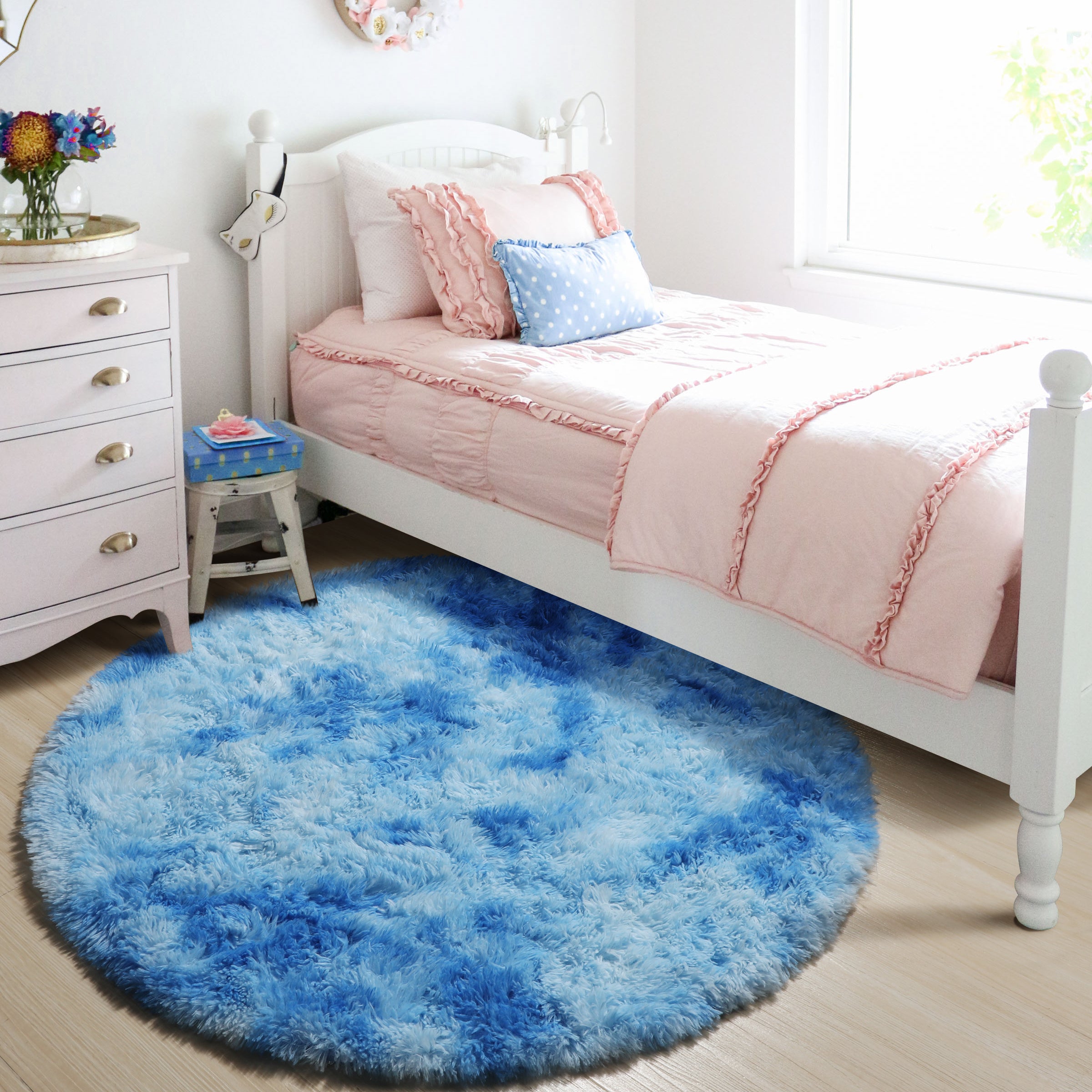 Ultra Soft Modern Indoor Sky Blue Round Area Rug for Kids Girls Teen Room