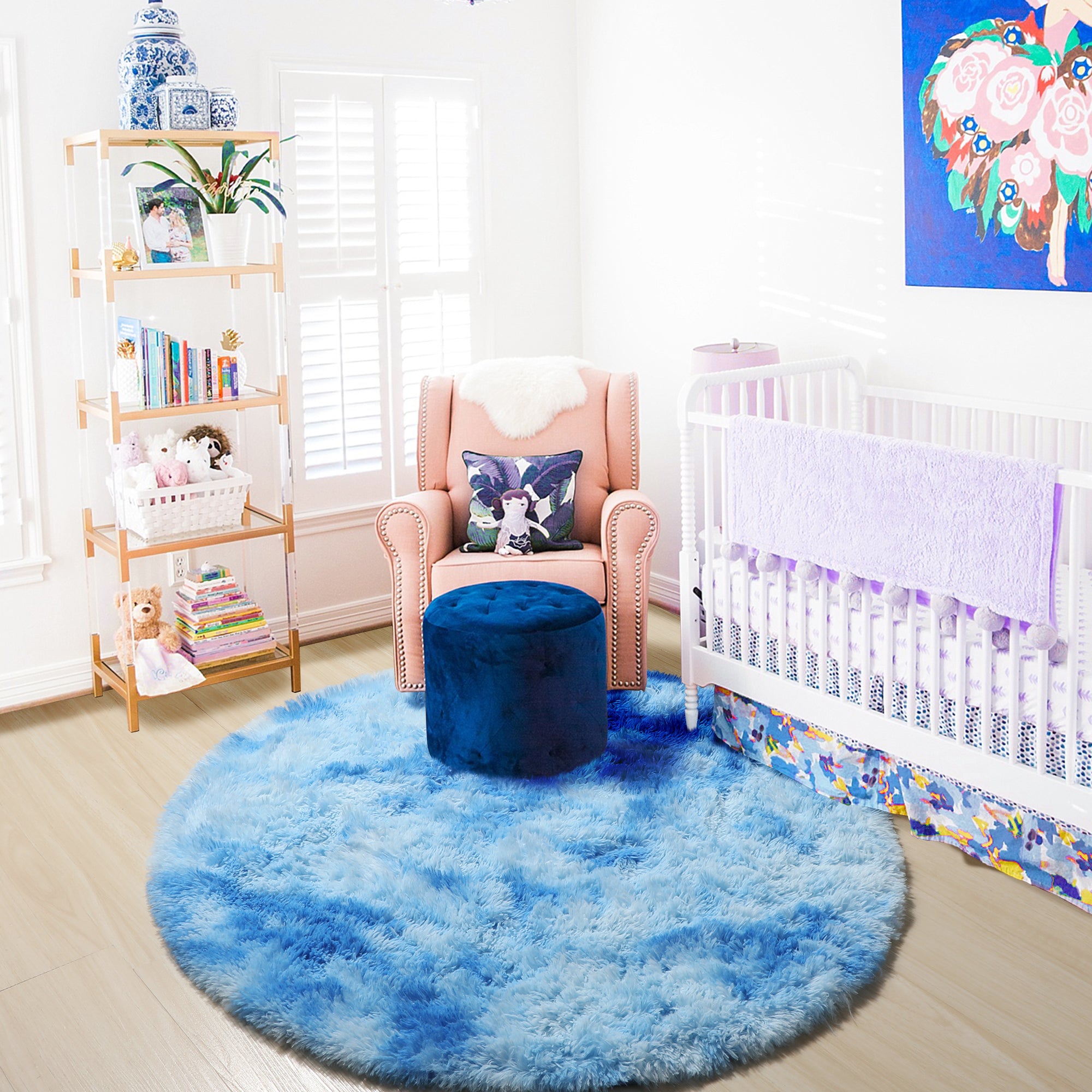 Ultra Soft Modern Indoor Sky Blue Round Area Rug for Kids Girls Teen Room