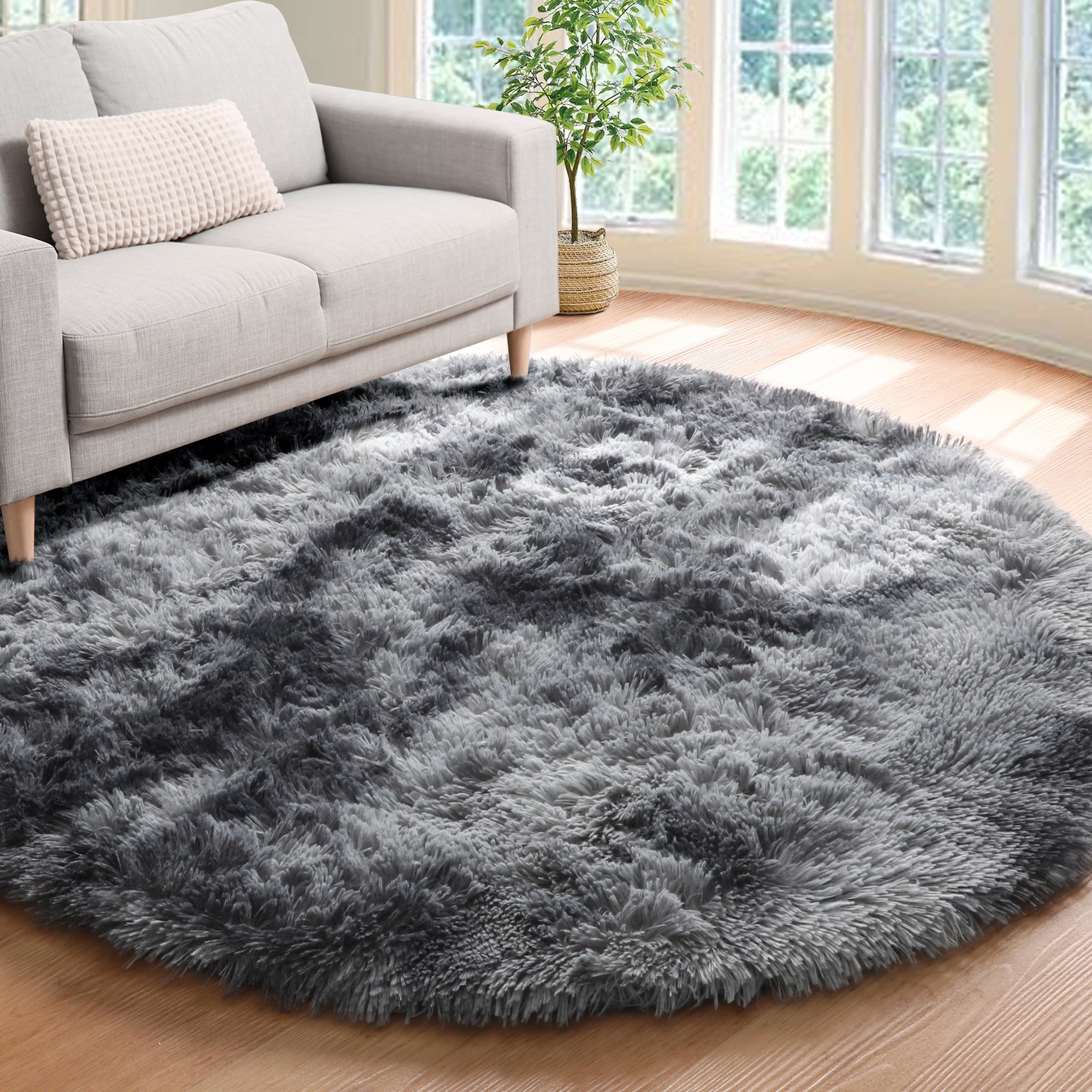 Fluffy Tie-Dyed Dark Grey Modern Round Area Rug