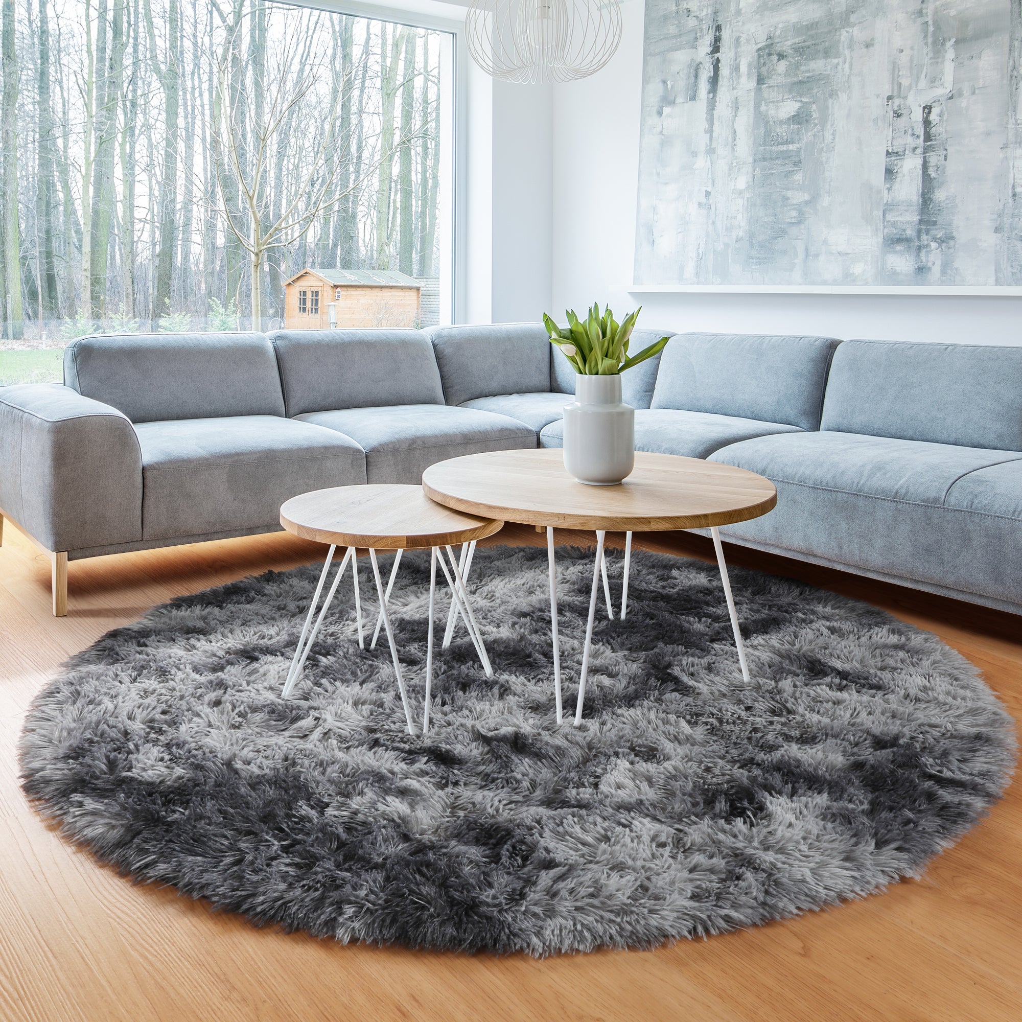 Fluffy Tie-Dyed Dark Grey Modern Round Area Rug