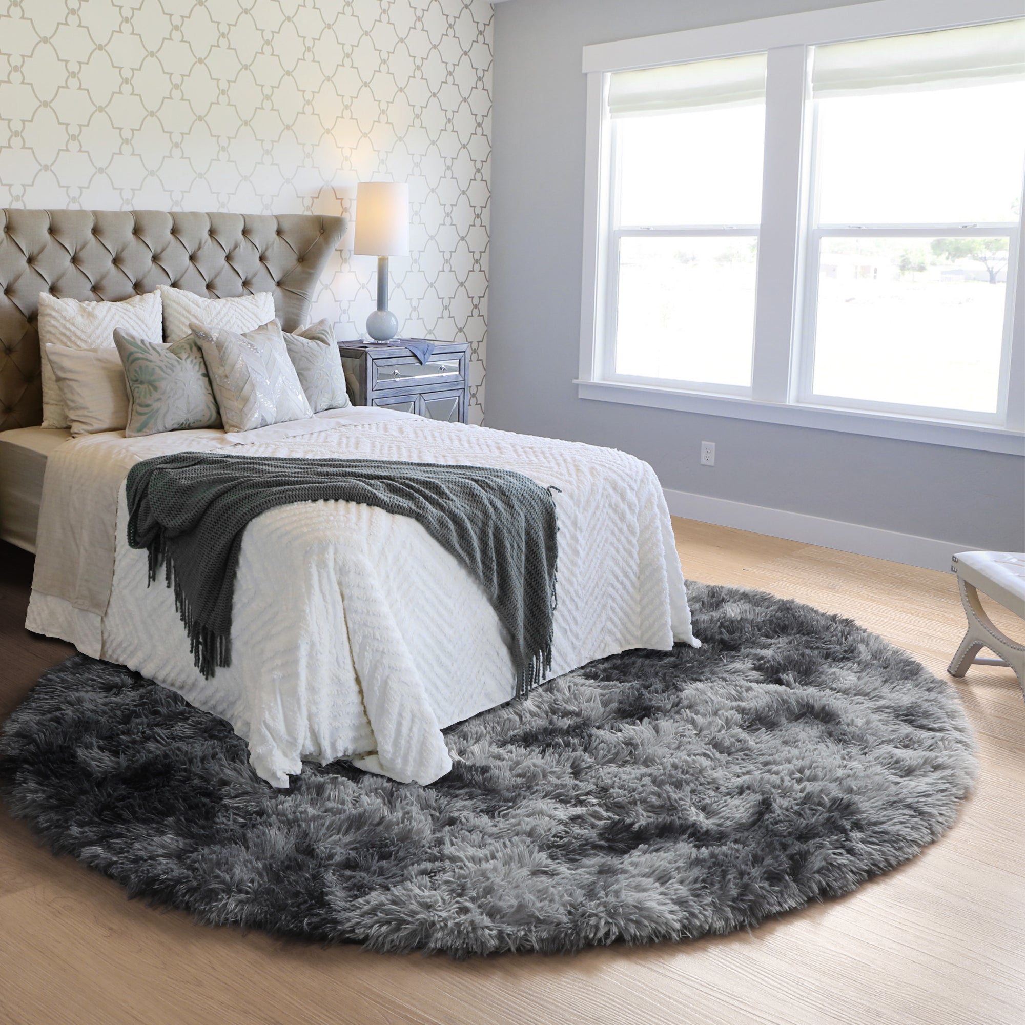 Fluffy Tie-Dyed Dark Grey Modern Round Area Rug