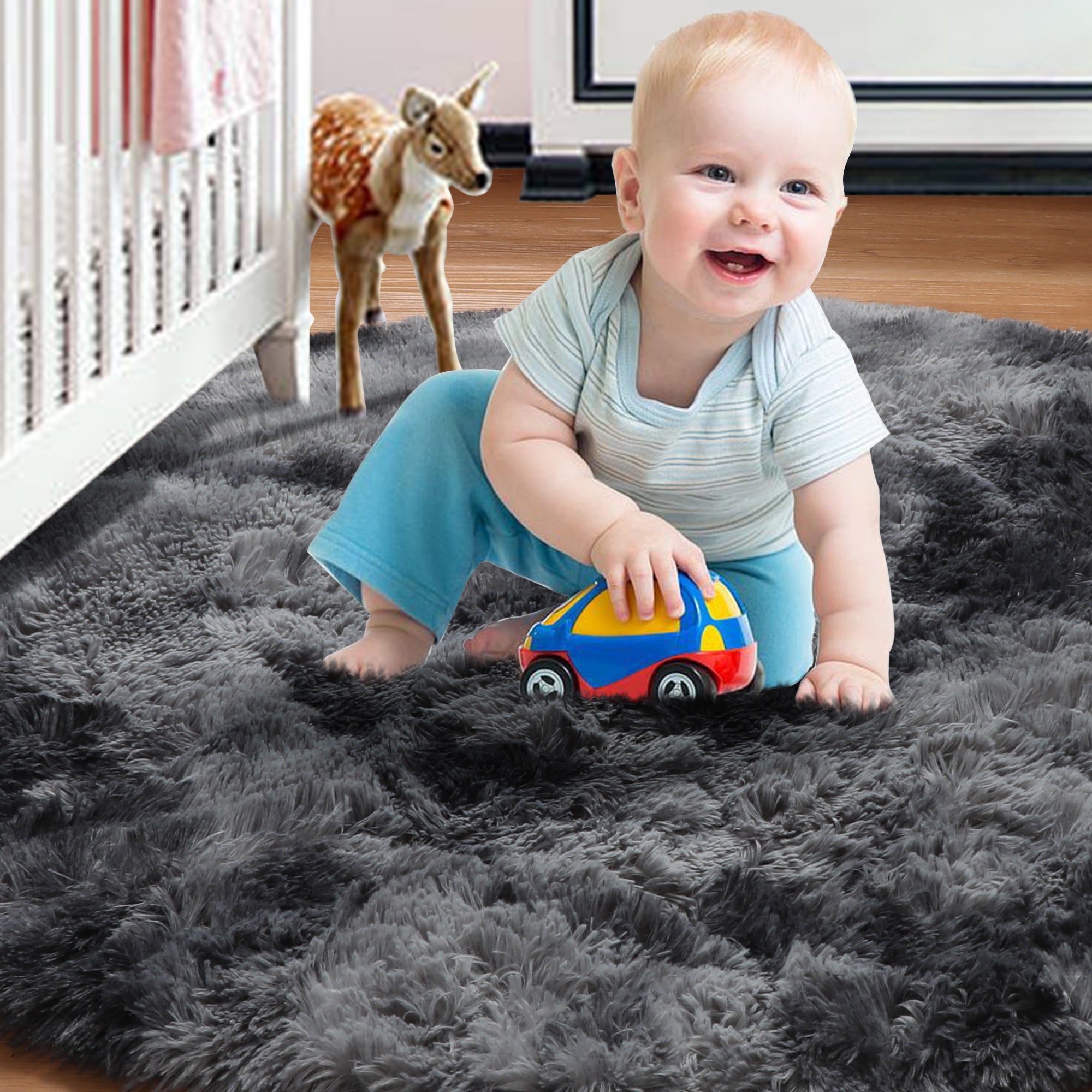 Fluffy Tie-Dyed Dark Grey Modern Round Area Rug