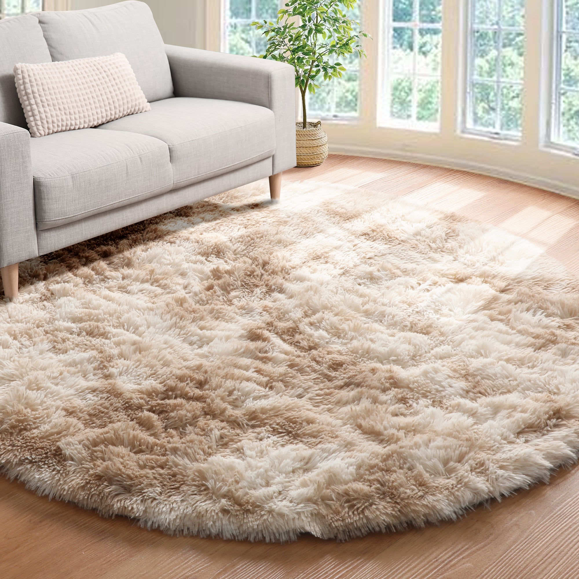 Ultra Soft Bedroom Floor Carpet Plush Tie-dyed Light Beige Round Rug