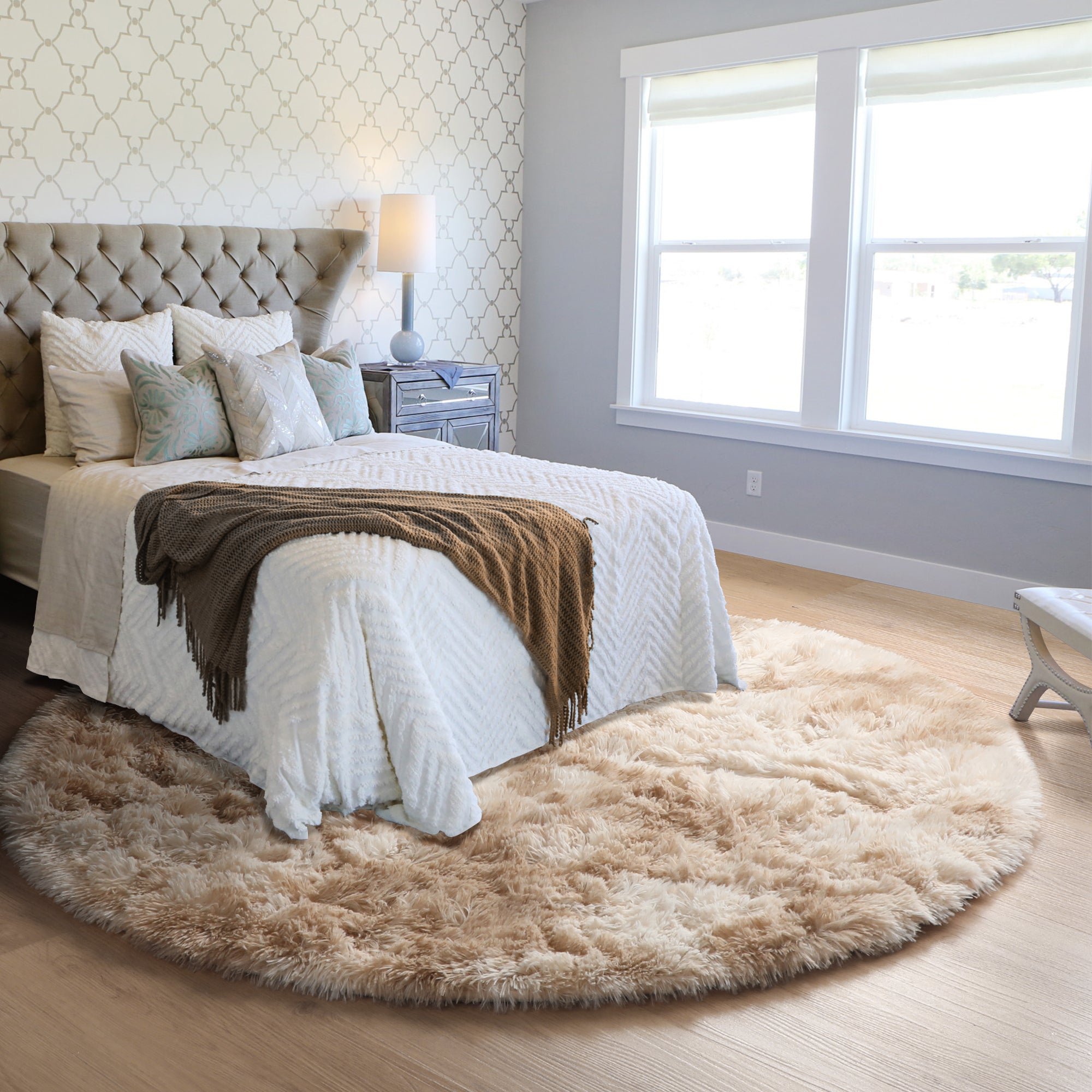Ultra Soft Bedroom Floor Carpet Plush Tie-dyed Light Beige Round Rug
