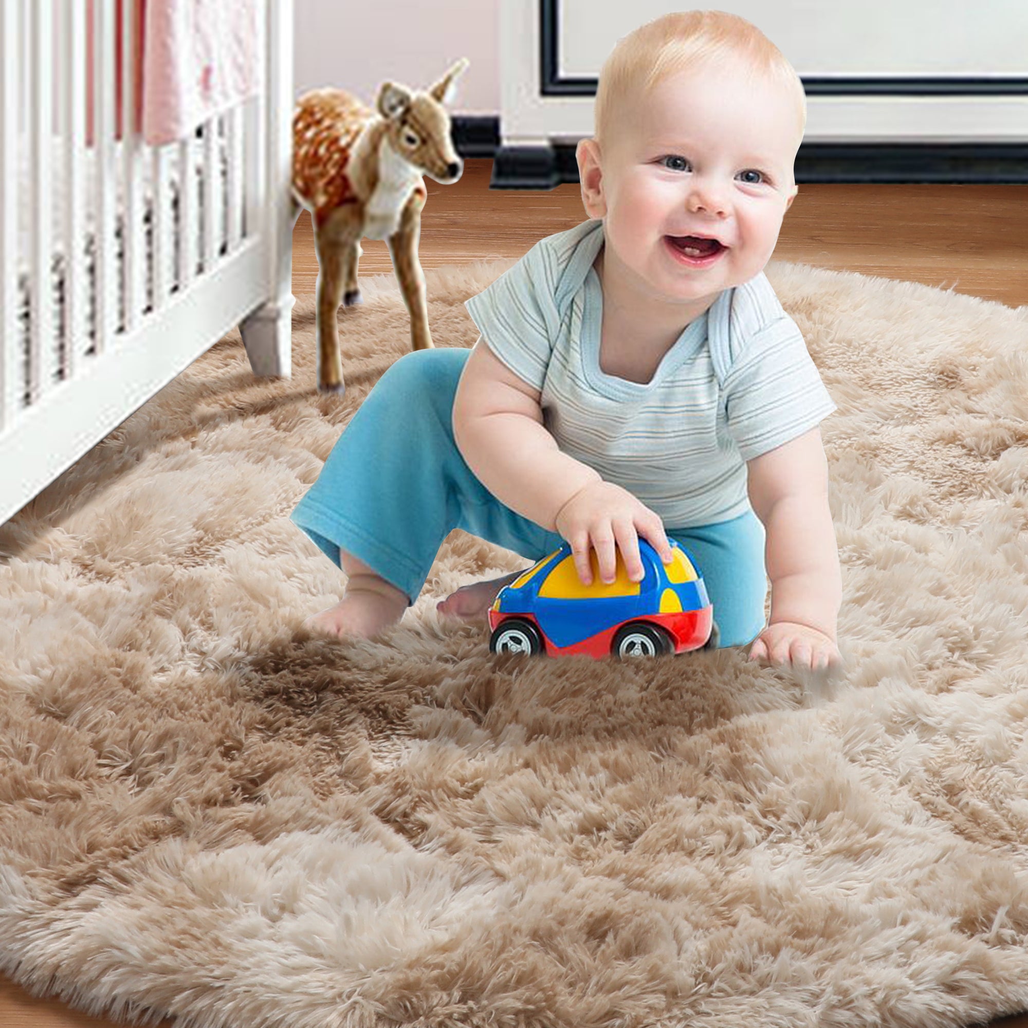 Ultra Soft Bedroom Floor Carpet Plush Tie-dyed Light Beige Round Rug