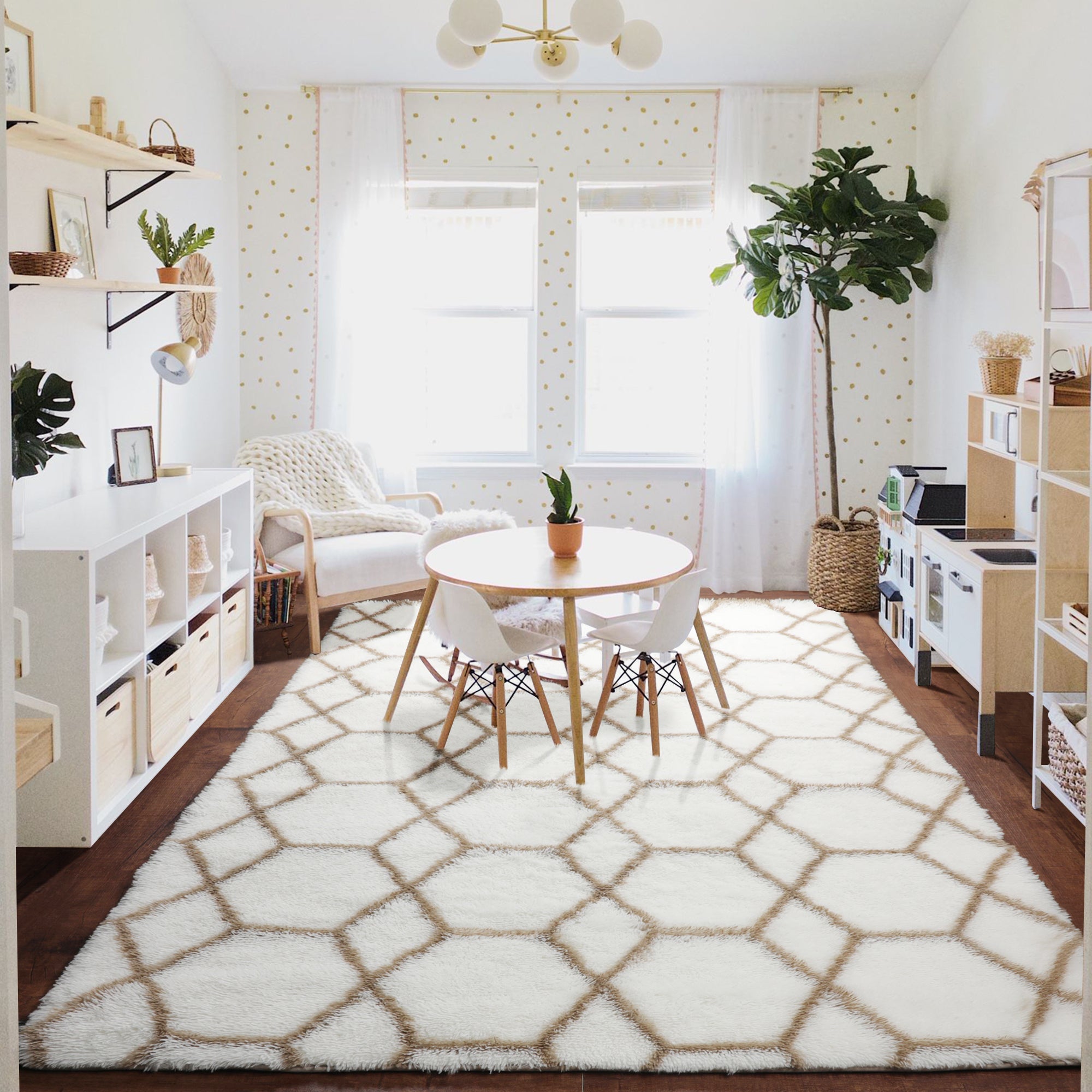 Cute Boho Area Rug for Living Room Aesthetic, White and Beige Rug, Moroccan Shag Fluffy Rug