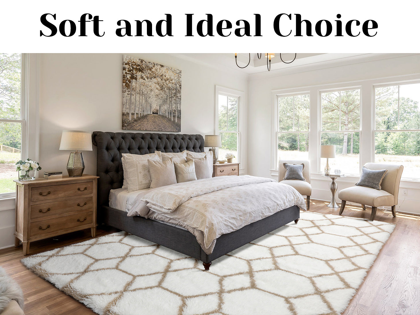 Cute Boho Area Rug for Living Room Aesthetic, White and Beige Rug, Moroccan Shag Fluffy Rug