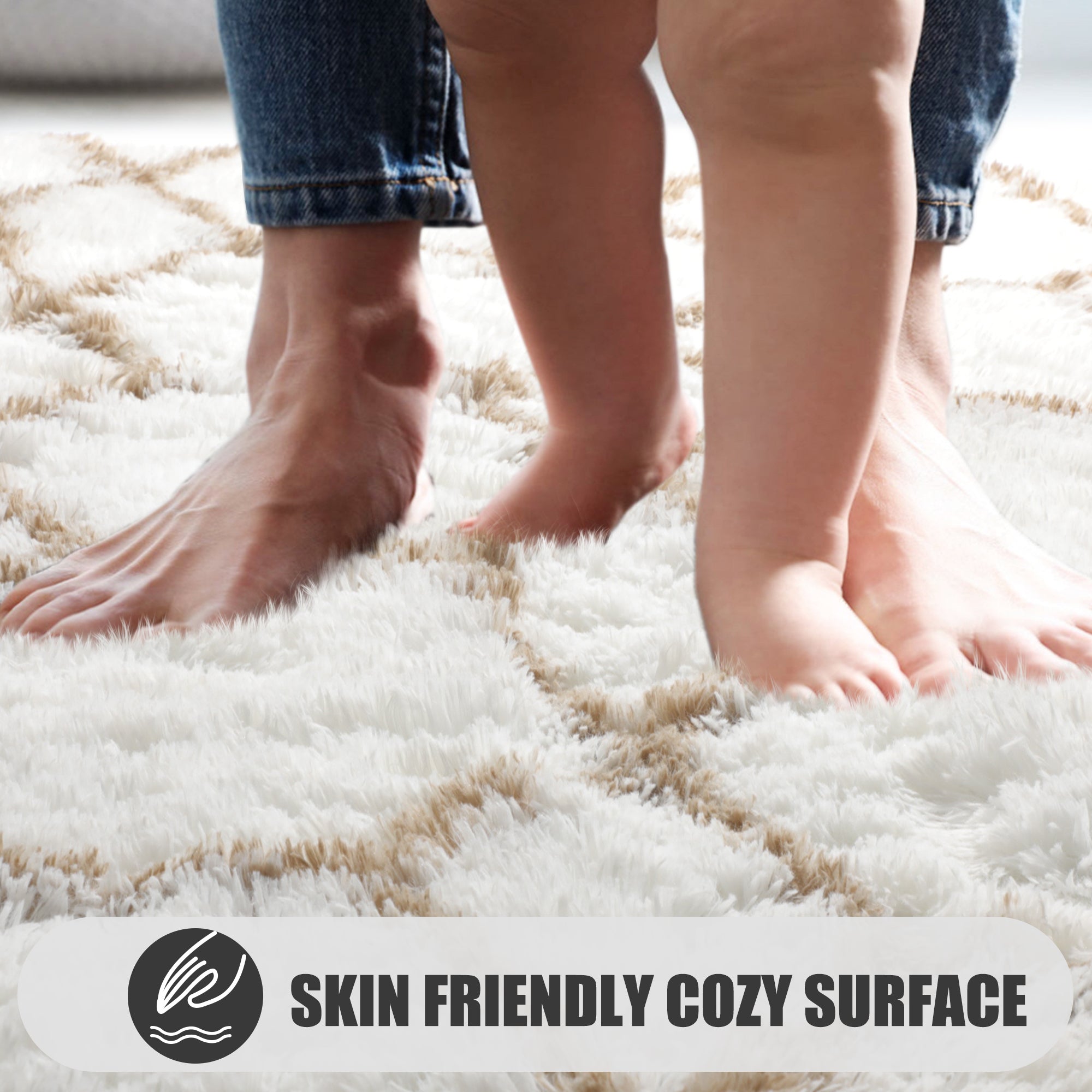 Cute Boho Area Rug for Living Room Aesthetic, White and Beige Rug, Moroccan Shag Fluffy Rug