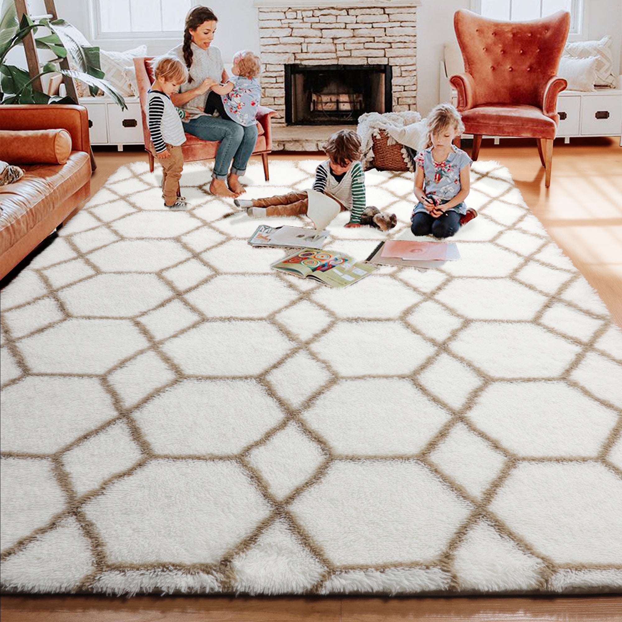 Cute Boho Area Rug for Living Room Aesthetic, White and Beige Rug, Moroccan Shag Fluffy Rug