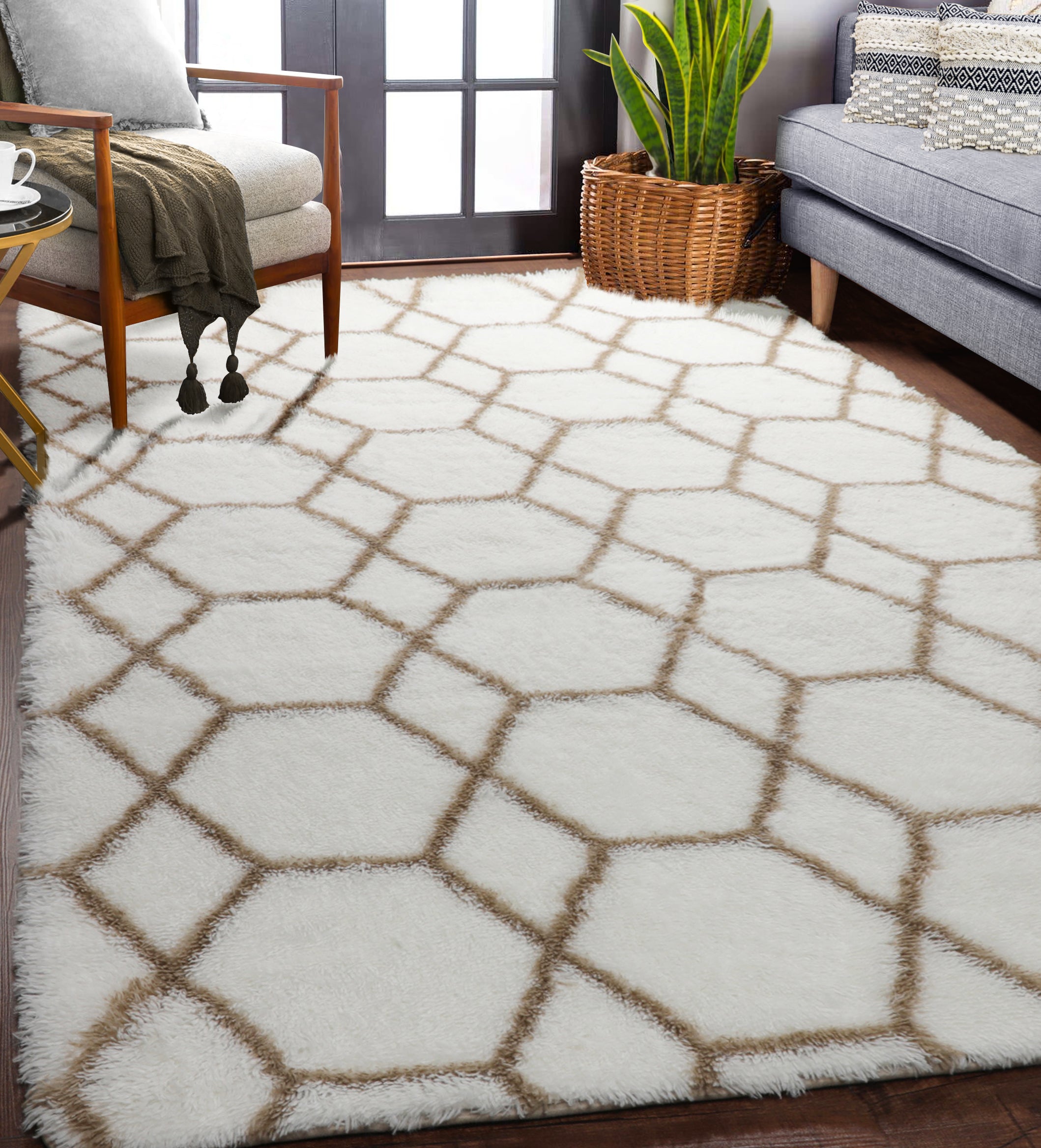 Cute Boho Area Rug for Living Room Aesthetic, White and Beige Rug, Moroccan Shag Fluffy Rug