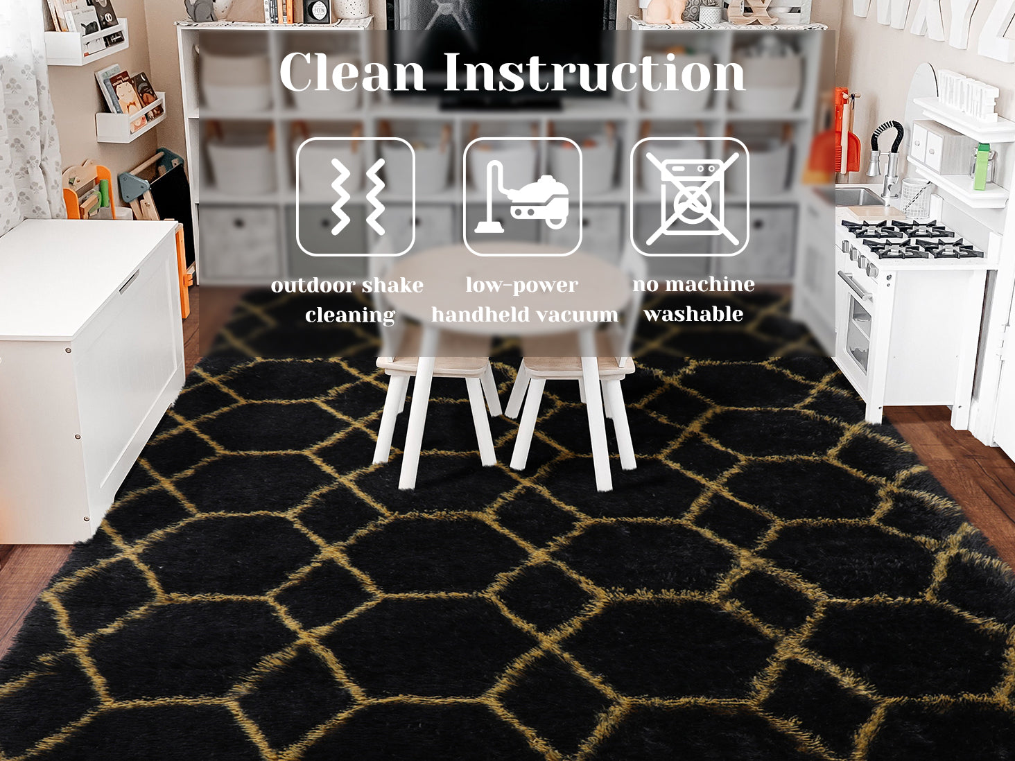 Geometric Fluffy Area Rug for Living Room Bedroom, Black and Gold Rug