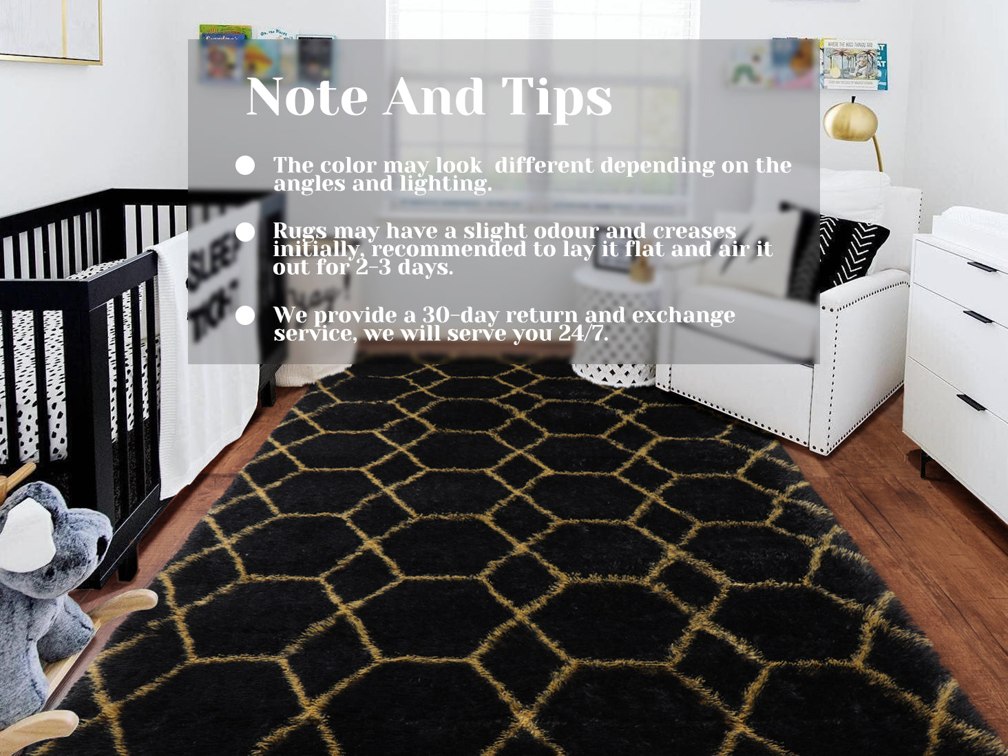 Geometric Fluffy Area Rug for Living Room Bedroom, Black and Gold Rug
