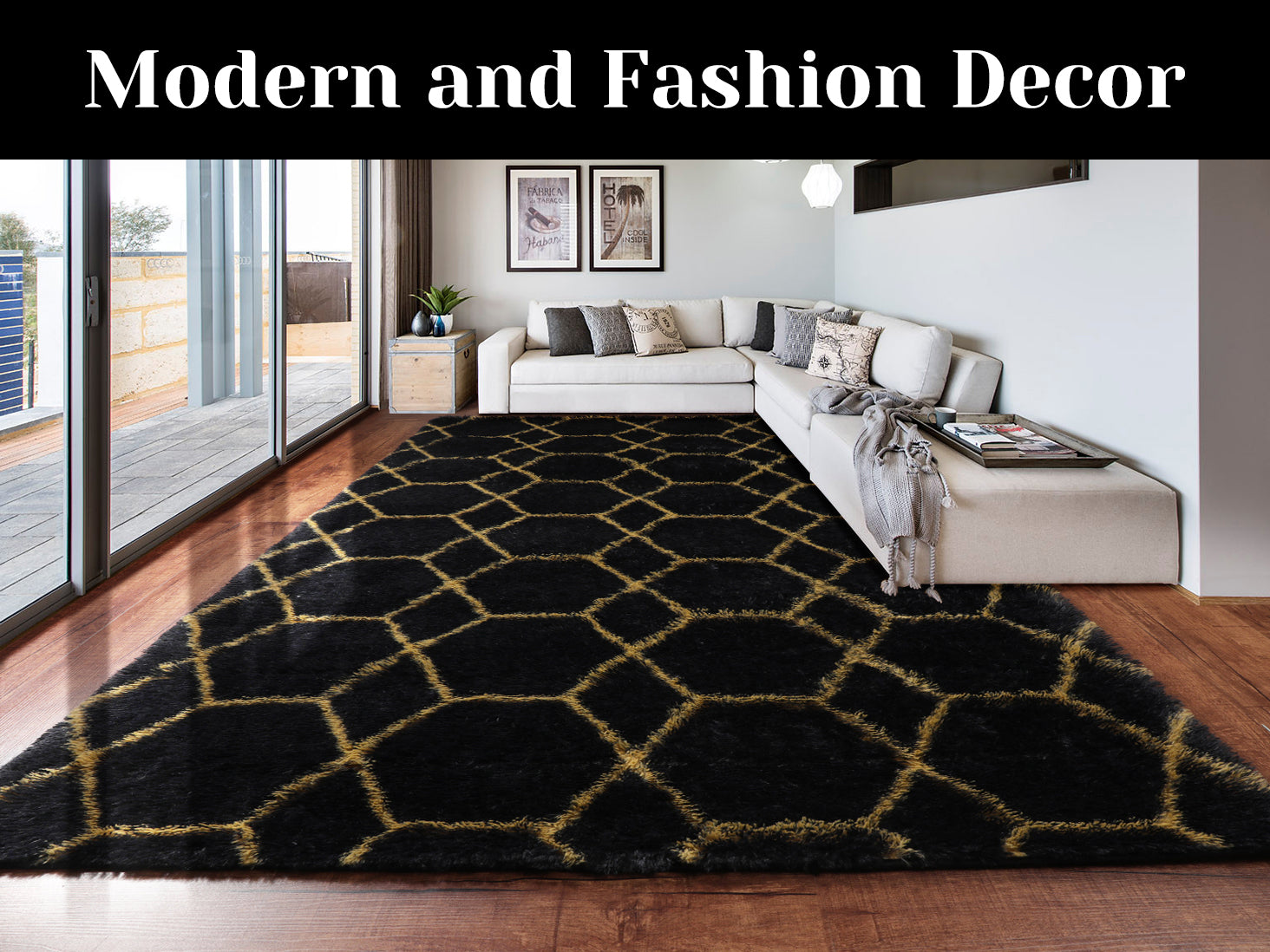 Geometric Fluffy Area Rug for Living Room Bedroom, Black and Gold Rug