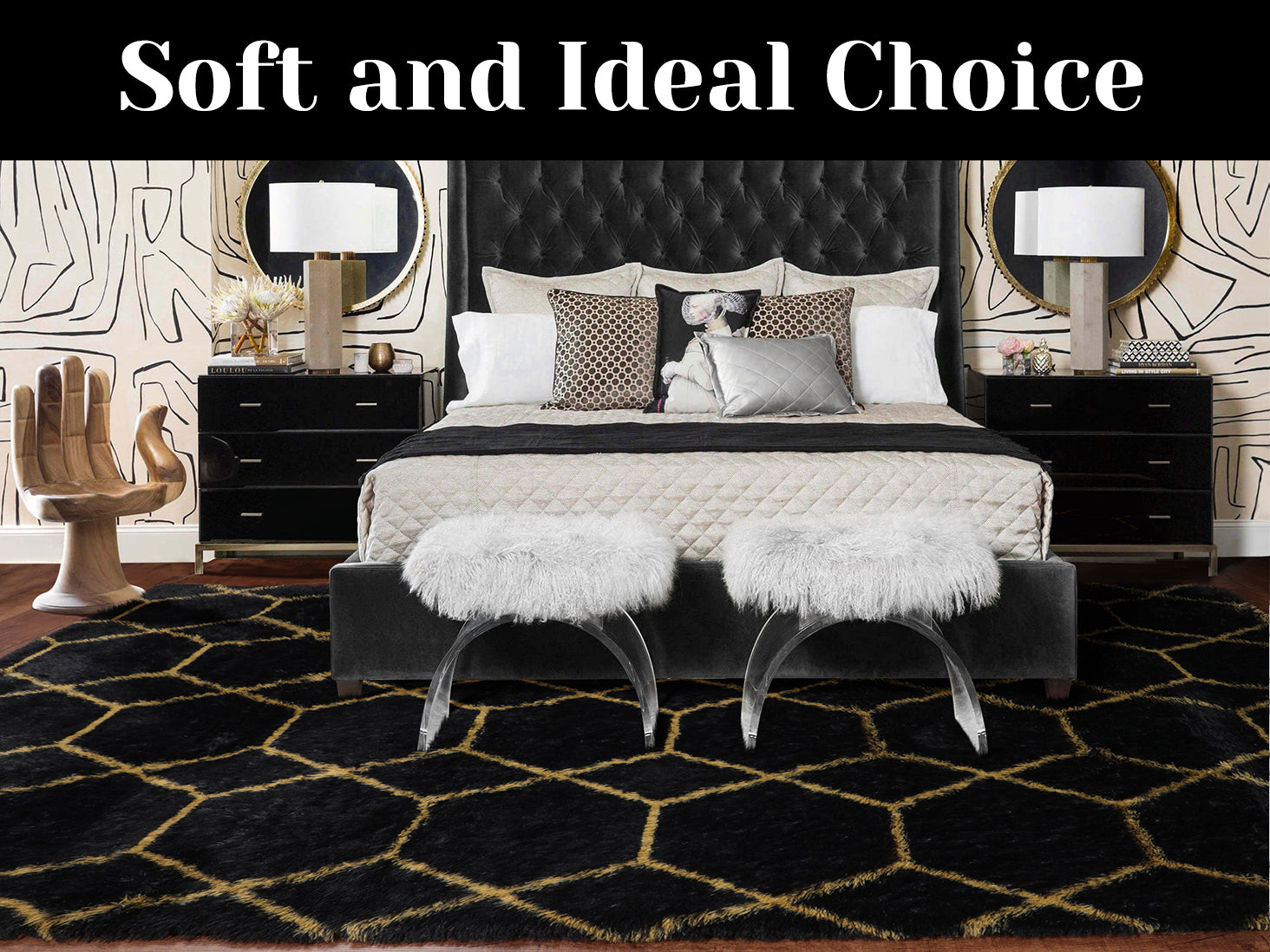 Geometric Fluffy Area Rug for Living Room Bedroom, Black and Gold Rug